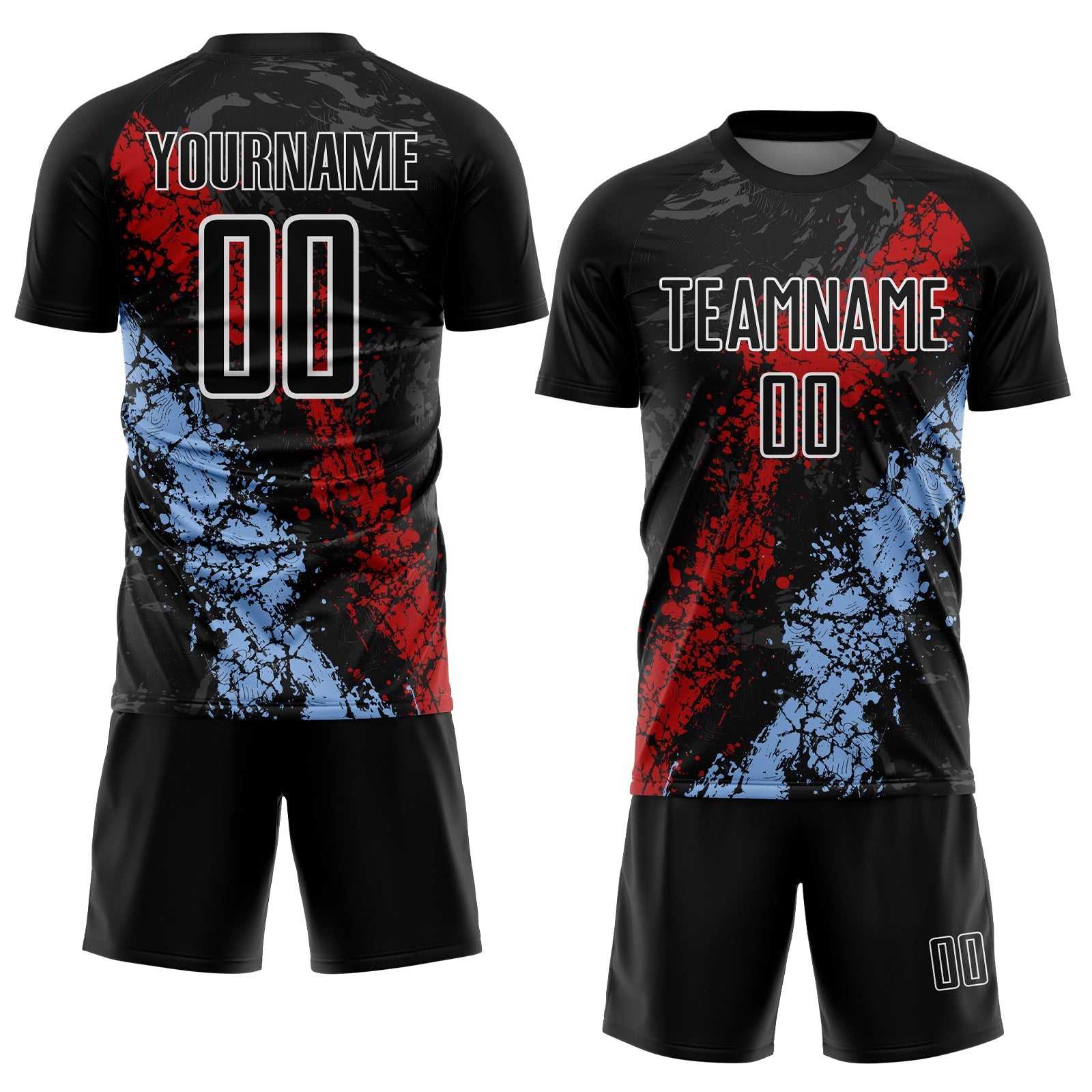 Custom Black White Red-Light Blue Dripping Splatter Cracked Texture Sublimation Soccer Uniform Jersey view 2