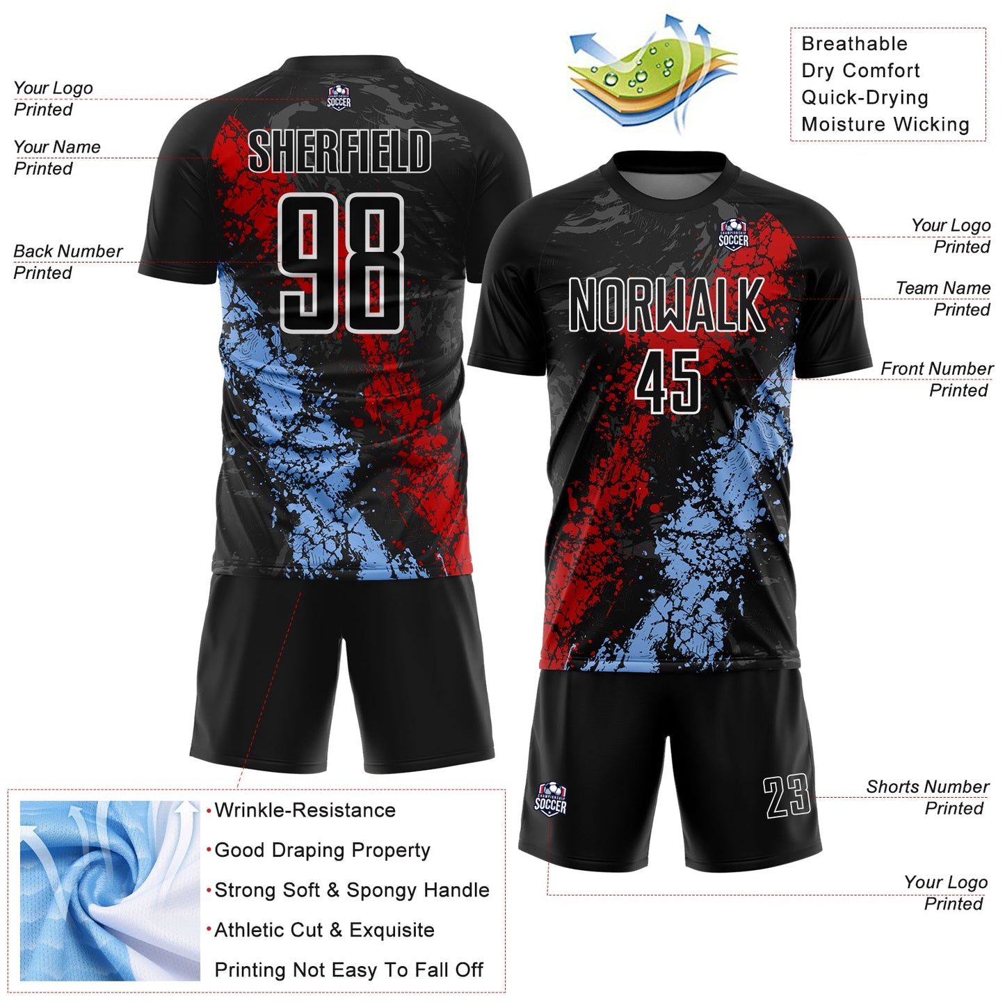Custom Black White Red-Light Blue Dripping Splatter Cracked Texture Sublimation Soccer Uniform Jersey view 4