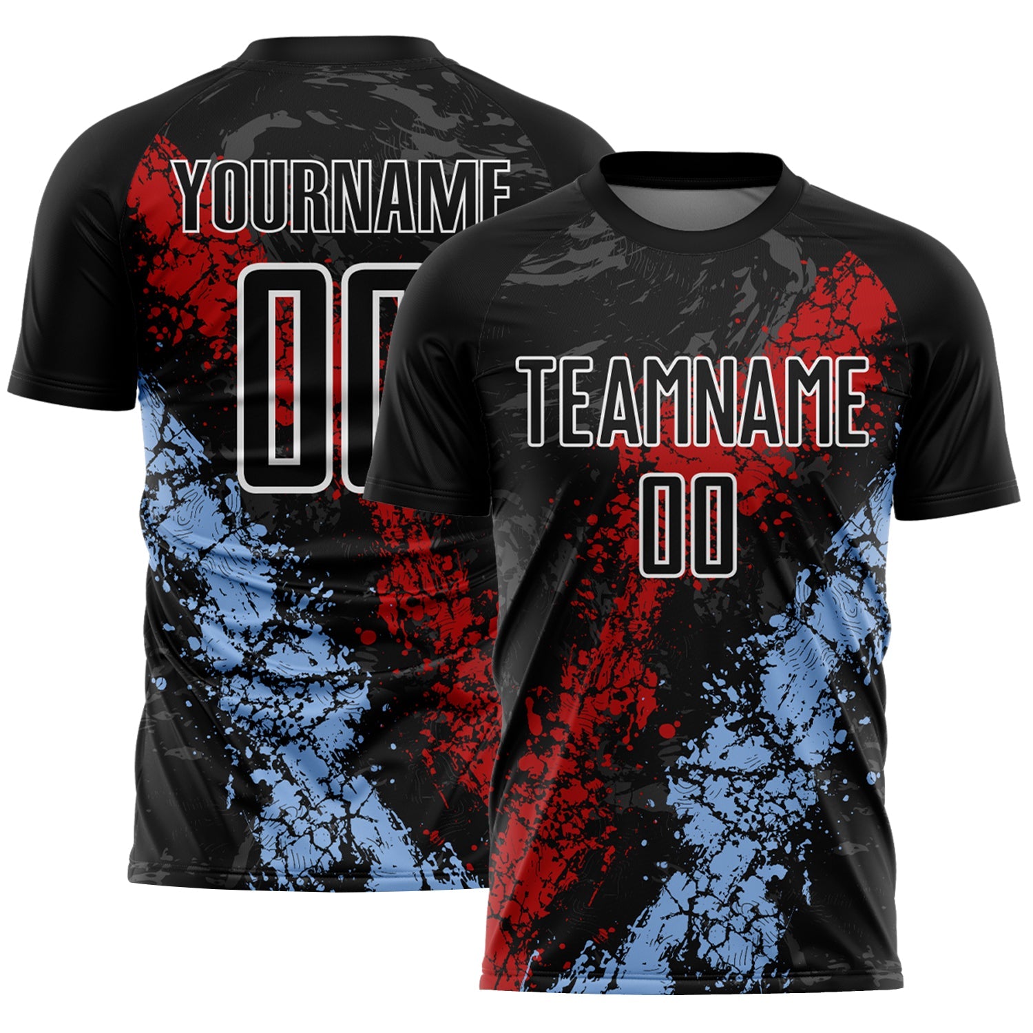 Custom Black White Red-Light Blue Dripping Splatter Cracked Texture Sublimation Soccer Uniform Jersey - Main View