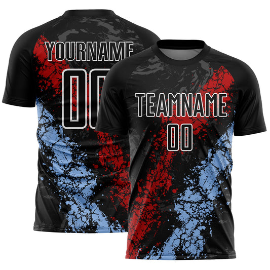 Custom Black White Red-Light Blue Dripping Splatter Cracked Texture Sublimation Soccer Uniform Jersey - Main View