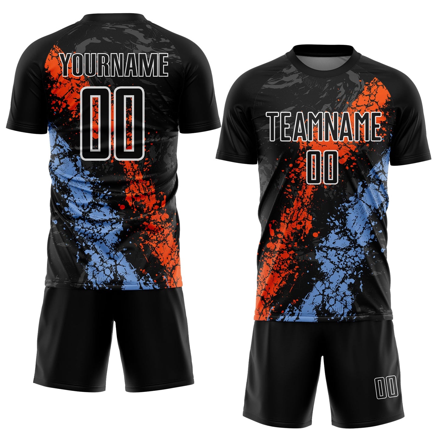 Custom Black White Orange-Powder Blue Dripping Splatter Cracked Texture Sublimation Soccer Uniform Jersey view 2