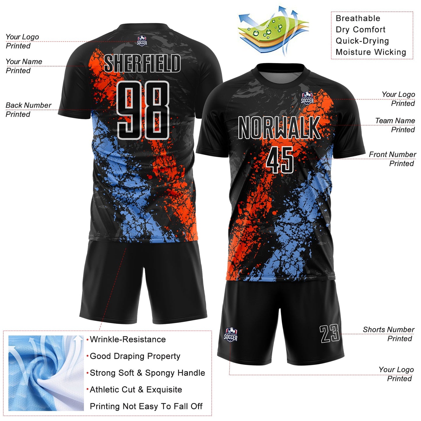 Custom Black White Orange-Powder Blue Dripping Splatter Cracked Texture Sublimation Soccer Uniform Jersey view 4