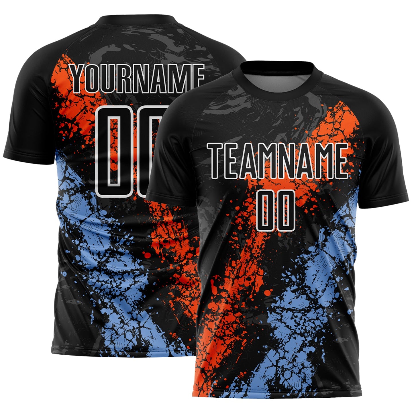 Custom Black White Orange-Powder Blue Dripping Splatter Cracked Texture Sublimation Soccer Uniform Jersey - Main View
