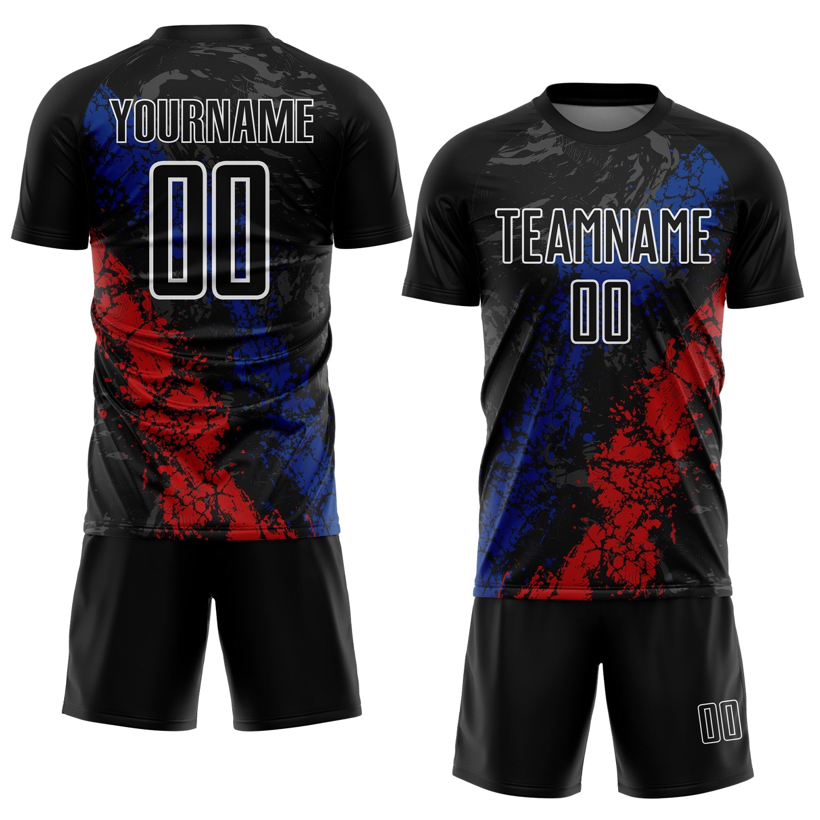 Custom Black White Royal-Red Dripping Splatter Cracked Texture Sublimation Soccer Uniform Jersey view 2