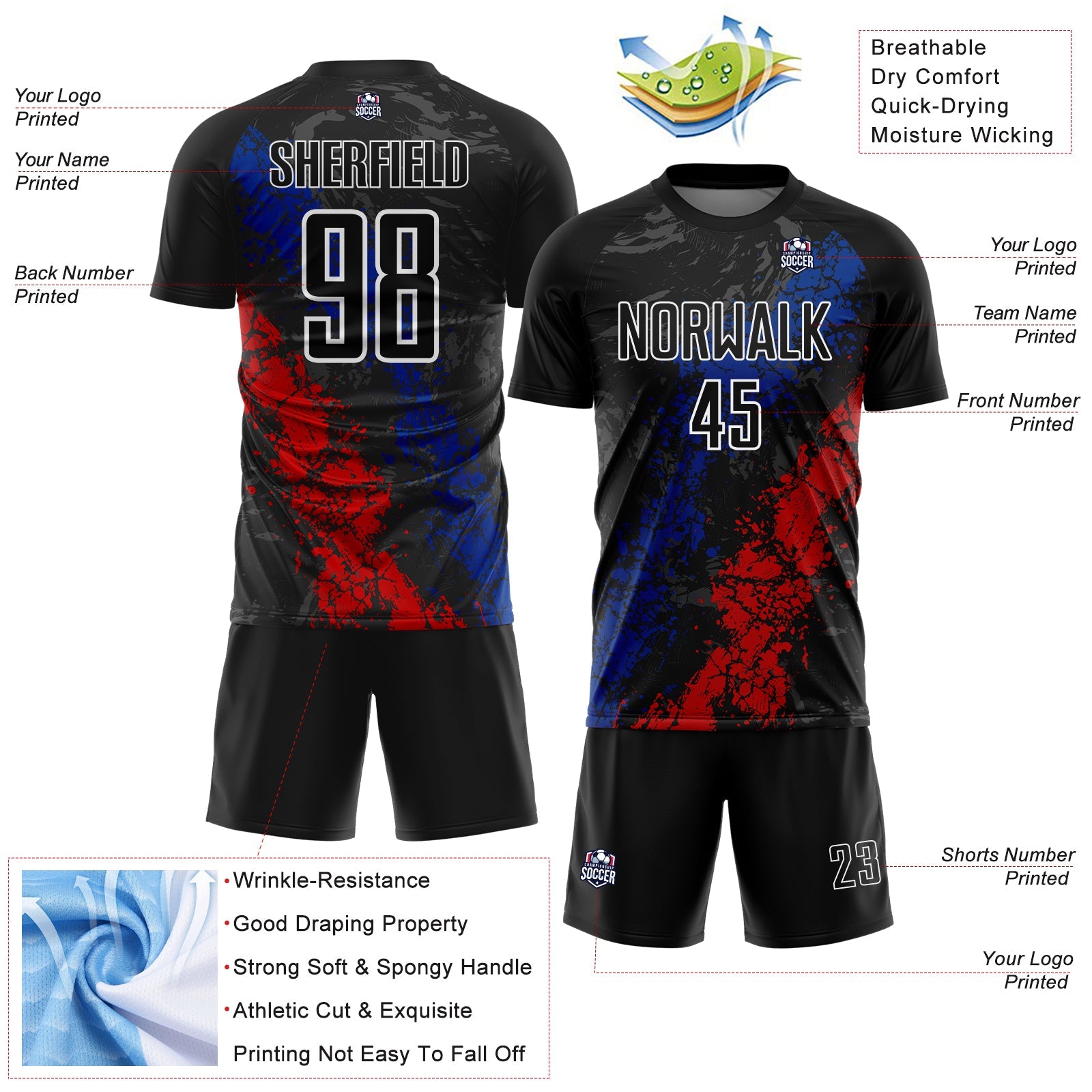 Custom Black White Royal-Red Dripping Splatter Cracked Texture Sublimation Soccer Uniform Jersey view 4