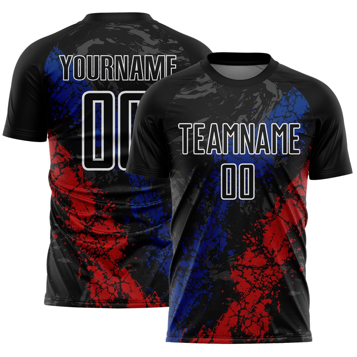 Custom Black White Royal-Red Dripping Splatter Cracked Texture Sublimation Soccer Uniform Jersey - Main View