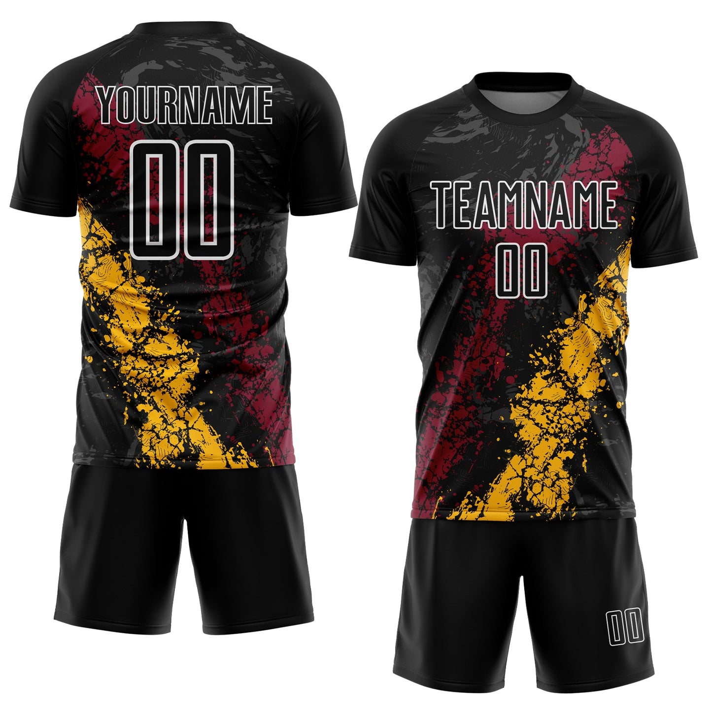 Custom Black White Crimson-Gold Dripping Splatter Cracked Texture Sublimation Soccer Uniform Jersey view 2