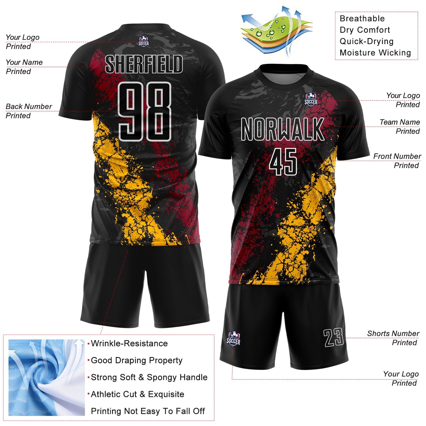 Custom Black White Crimson-Gold Dripping Splatter Cracked Texture Sublimation Soccer Uniform Jersey view 4