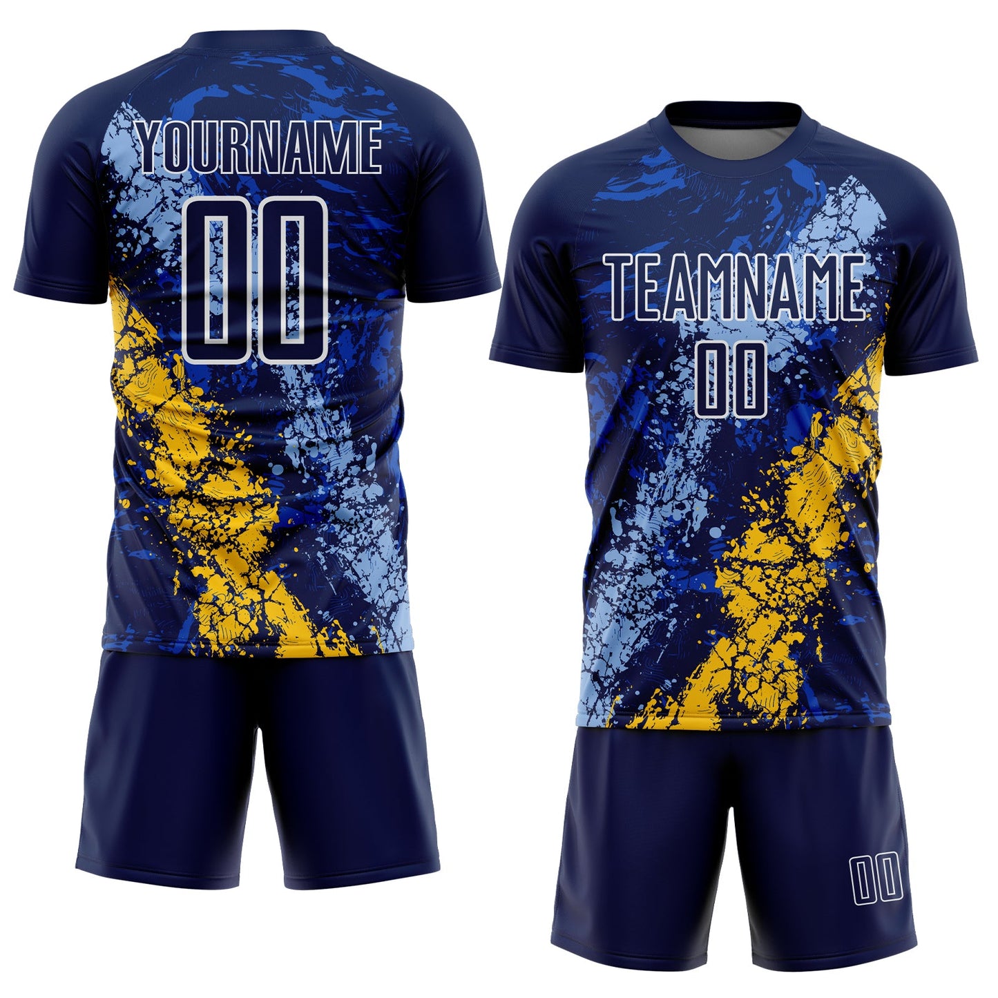 Custom Navy White Light Blue-Yellow Dripping Splatter Cracked Texture Sublimation Soccer Uniform Jersey view 2