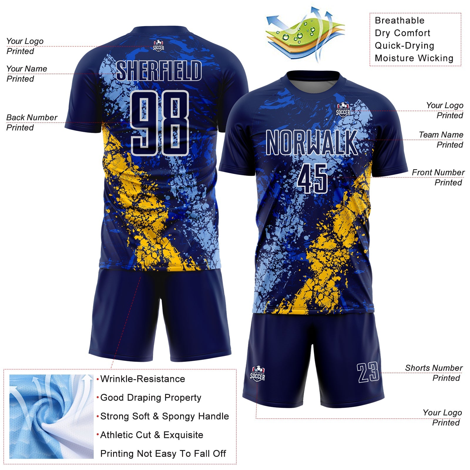 Custom Navy White Light Blue-Yellow Dripping Splatter Cracked Texture Sublimation Soccer Uniform Jersey view 4
