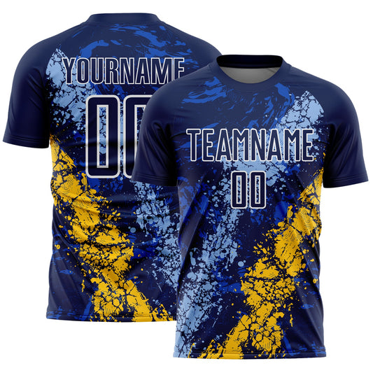 Custom Navy White Light Blue-Yellow Dripping Splatter Cracked Texture Sublimation Soccer Uniform Jersey - Main View