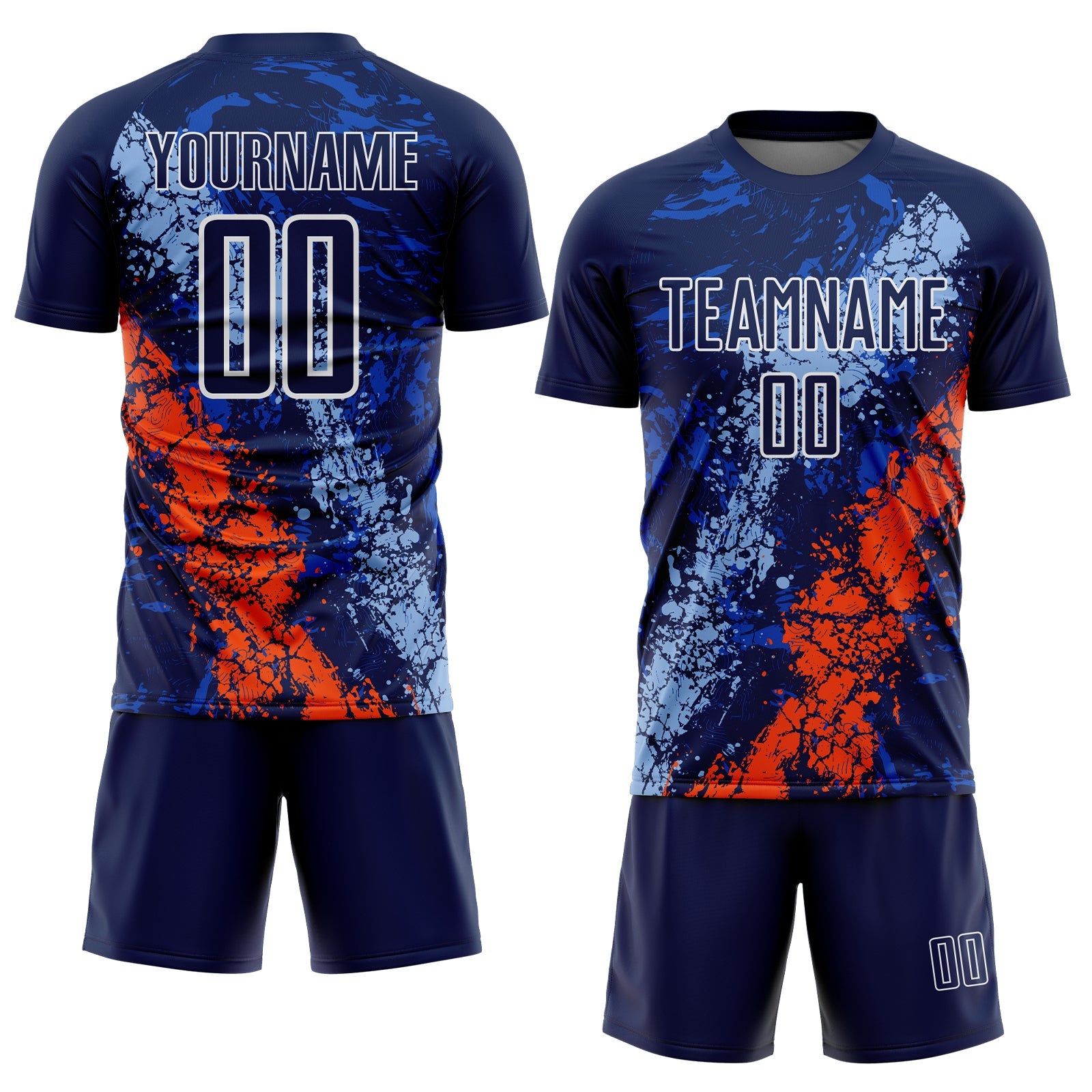 Custom Navy White Light Blue-Orange Dripping Splatter Cracked Texture Sublimation Soccer Uniform Jersey view 2