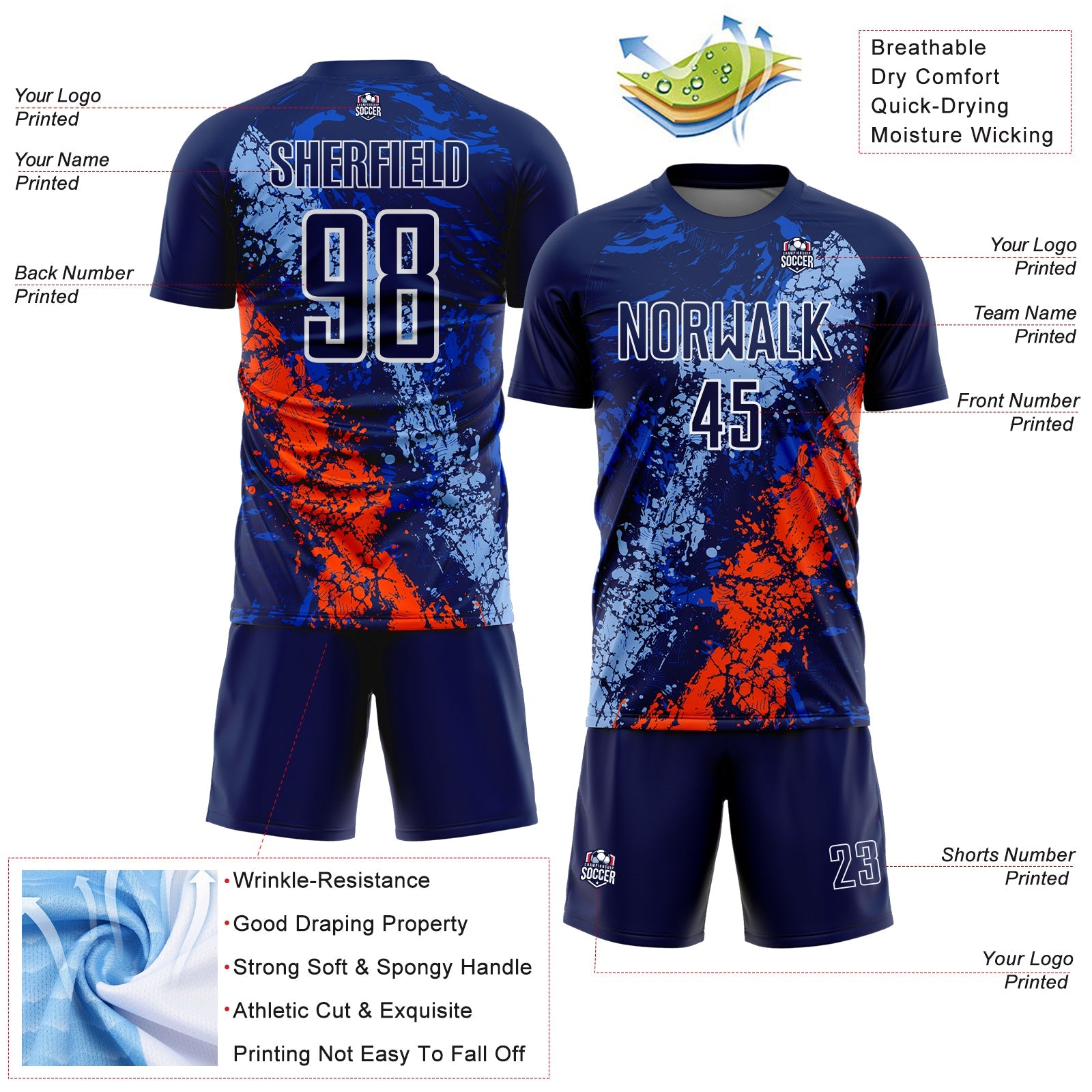 Custom Navy White Light Blue-Orange Dripping Splatter Cracked Texture Sublimation Soccer Uniform Jersey view 4