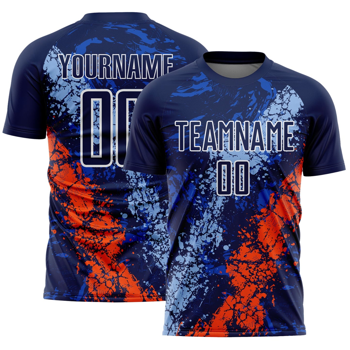 Custom Navy White Light Blue-Orange Dripping Splatter Cracked Texture Sublimation Soccer Uniform Jersey - Main View