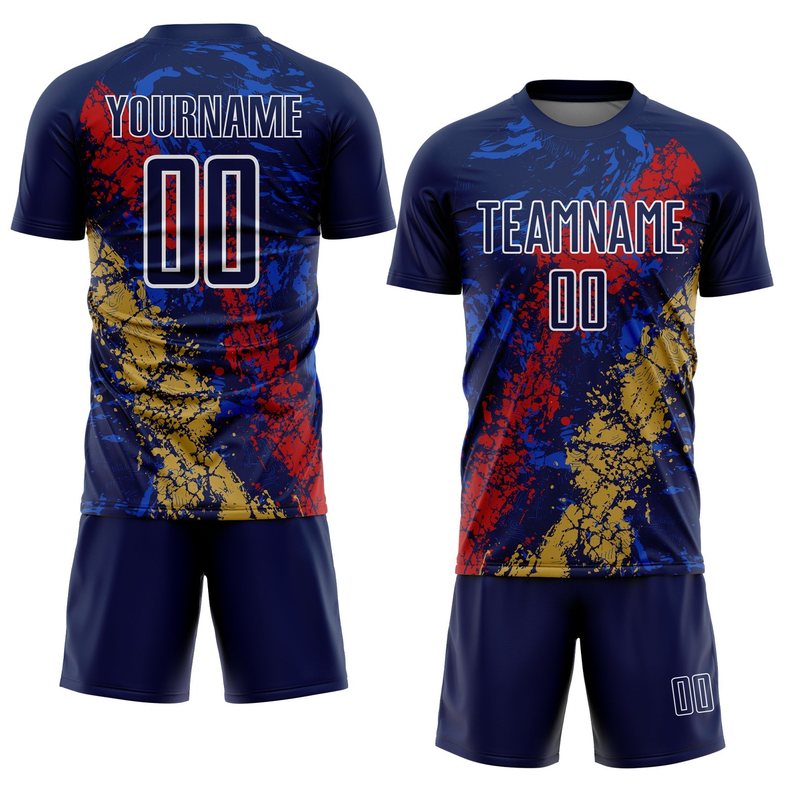 Custom Navy White Red-Old Gold Dripping Splatter Cracked Texture Sublimation Soccer Uniform Jersey view 2