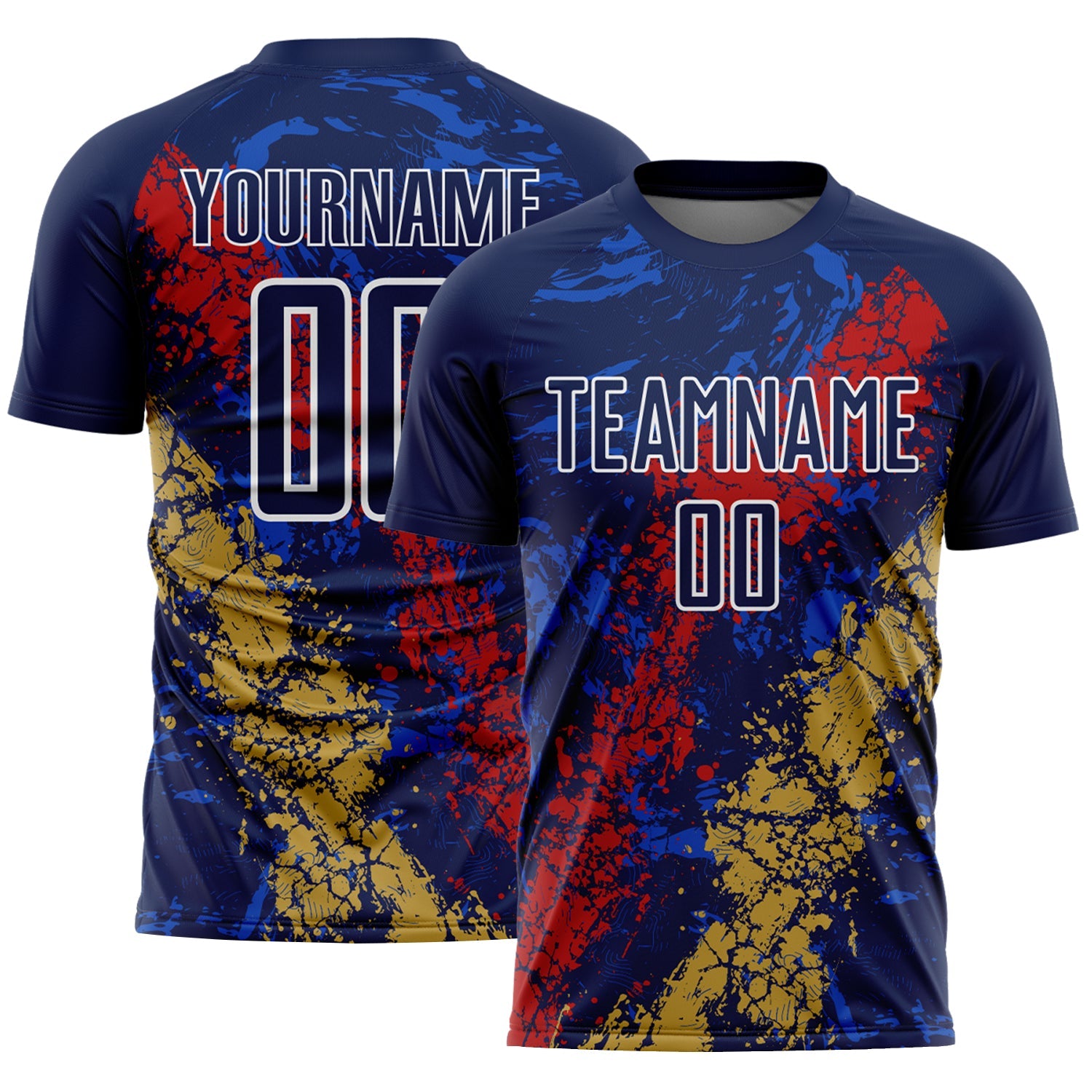 Custom Navy White Red-Old Gold Dripping Splatter Cracked Texture Sublimation Soccer Uniform Jersey - Main View