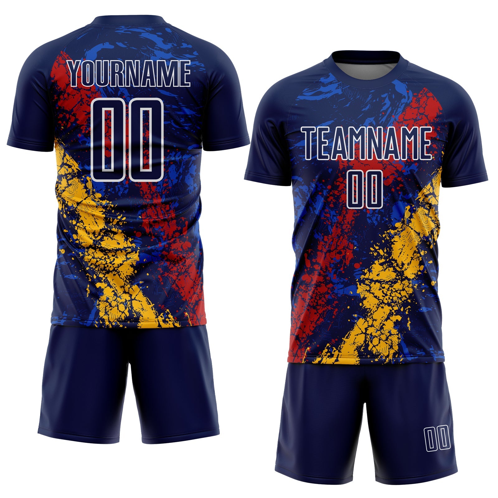 Custom Navy White Red-Gold Dripping Splatter Cracked Texture Sublimation Soccer Uniform Jersey view 2