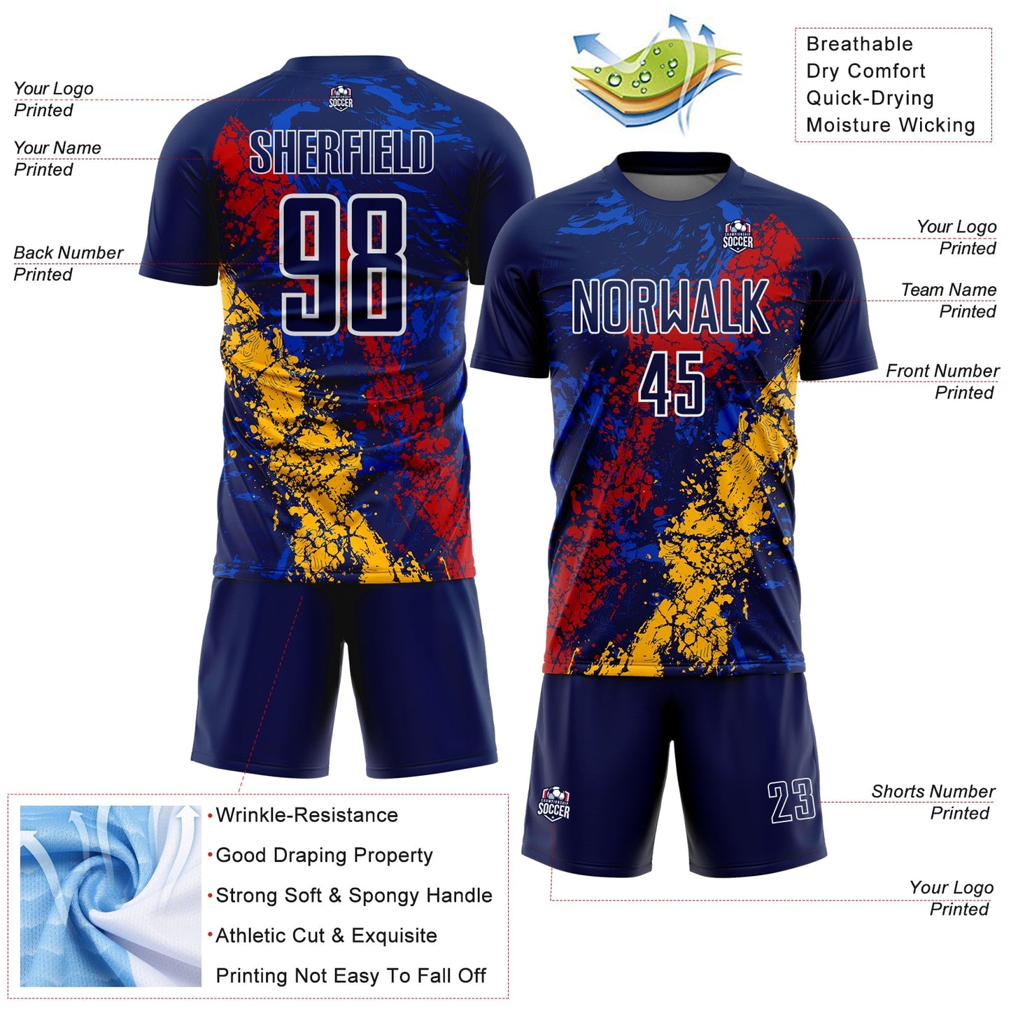 Custom Navy White Red-Gold Dripping Splatter Cracked Texture Sublimation Soccer Uniform Jersey view 4