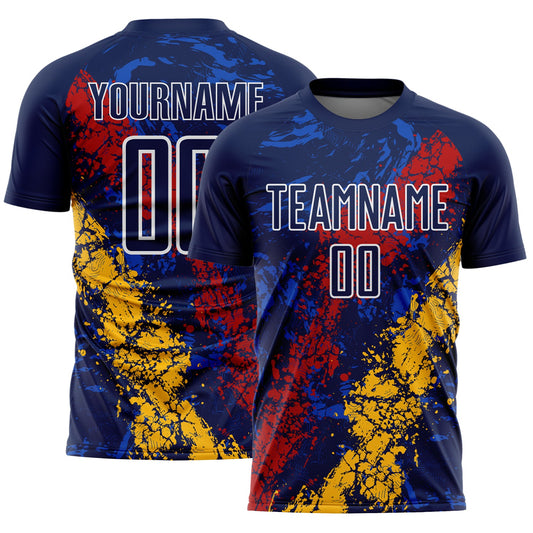Custom Navy White Red-Gold Dripping Splatter Cracked Texture Sublimation Soccer Uniform Jersey - Main View
