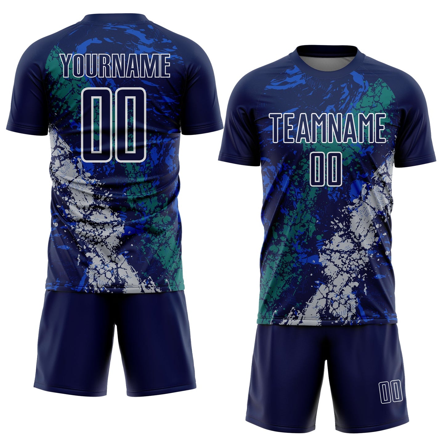 Custom Navy White Teal-Gray Dripping Splatter Cracked Texture Sublimation Soccer Uniform Jersey view 2