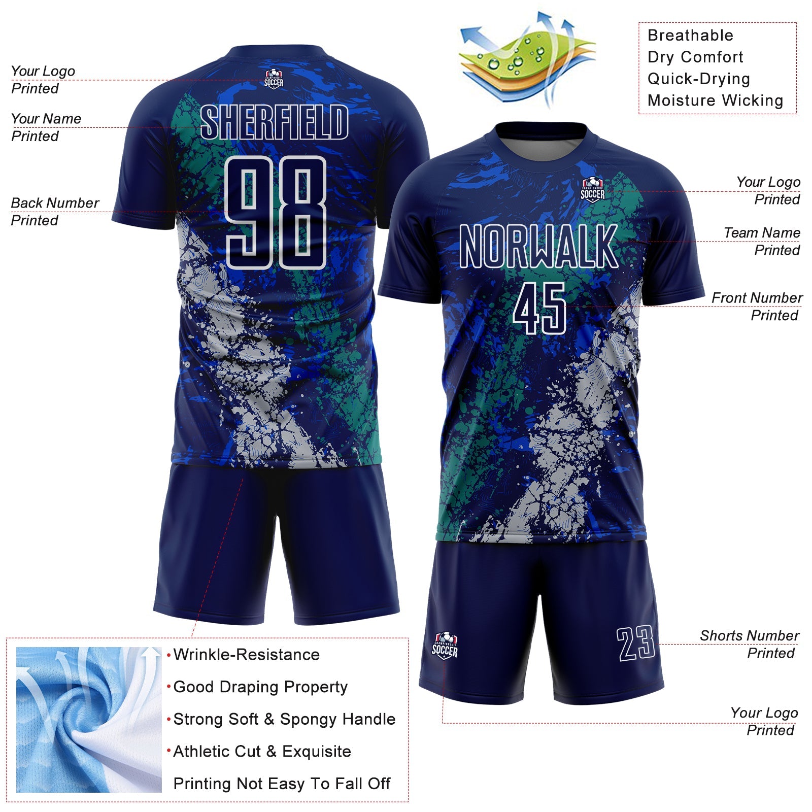Custom Navy White Teal-Gray Dripping Splatter Cracked Texture Sublimation Soccer Uniform Jersey view 4