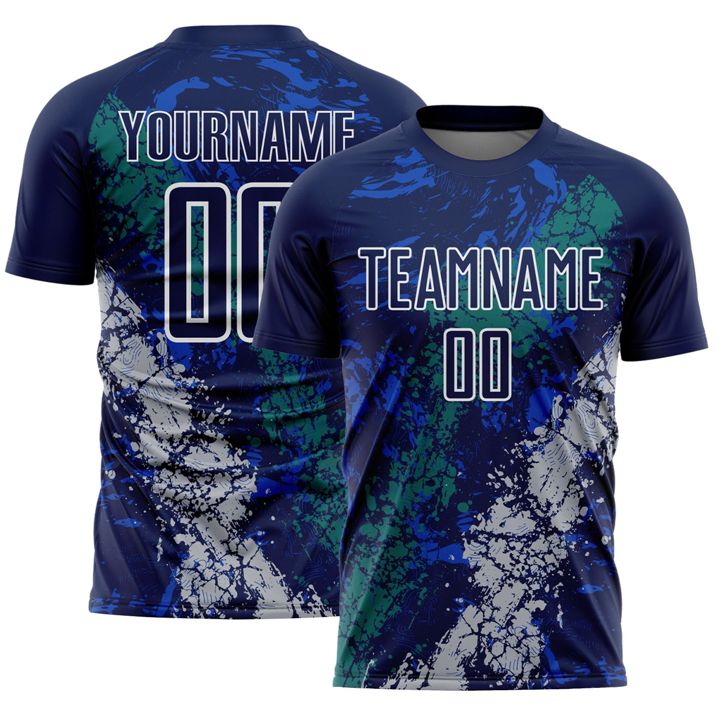 Custom Navy White Teal-Gray Dripping Splatter Cracked Texture Sublimation Soccer Uniform Jersey - Main View