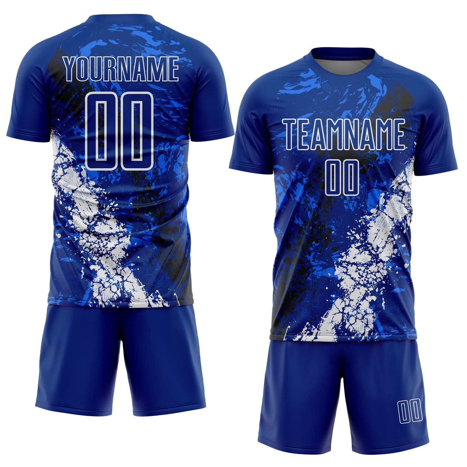 Custom Royal White-Black Dripping Splatter Cracked Texture Sublimation Soccer Uniform Jersey view 2
