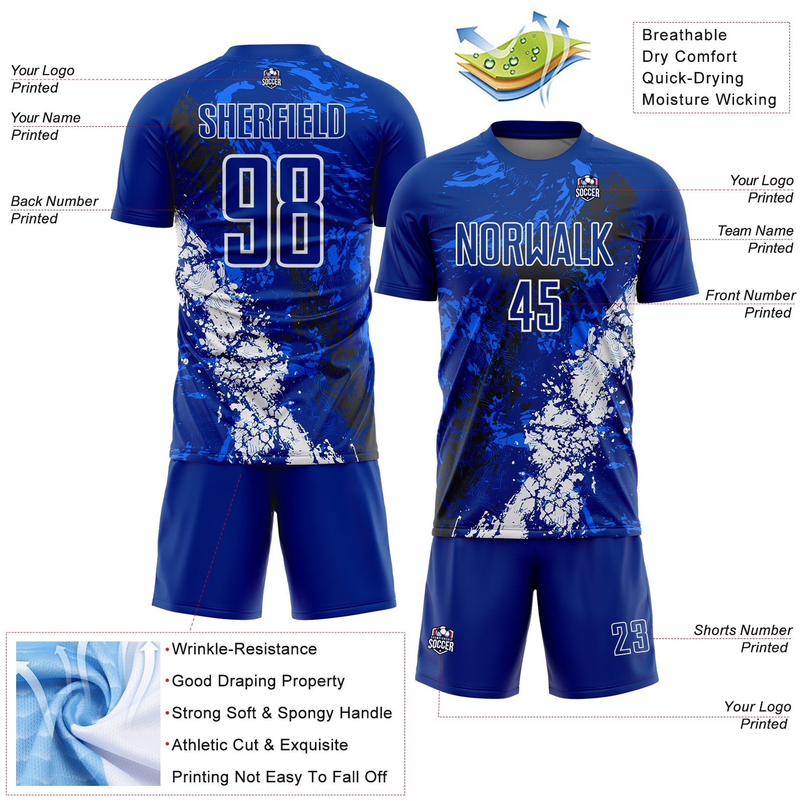 Custom Royal White-Black Dripping Splatter Cracked Texture Sublimation Soccer Uniform Jersey view 4