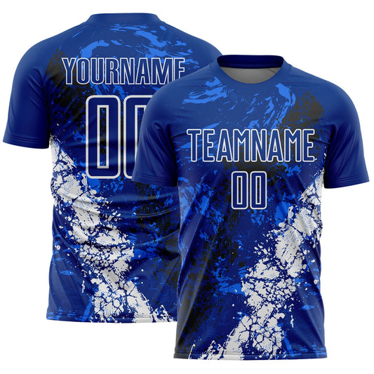 Custom Royal White-Black Dripping Splatter Cracked Texture Sublimation Soccer Uniform Jersey - Main View