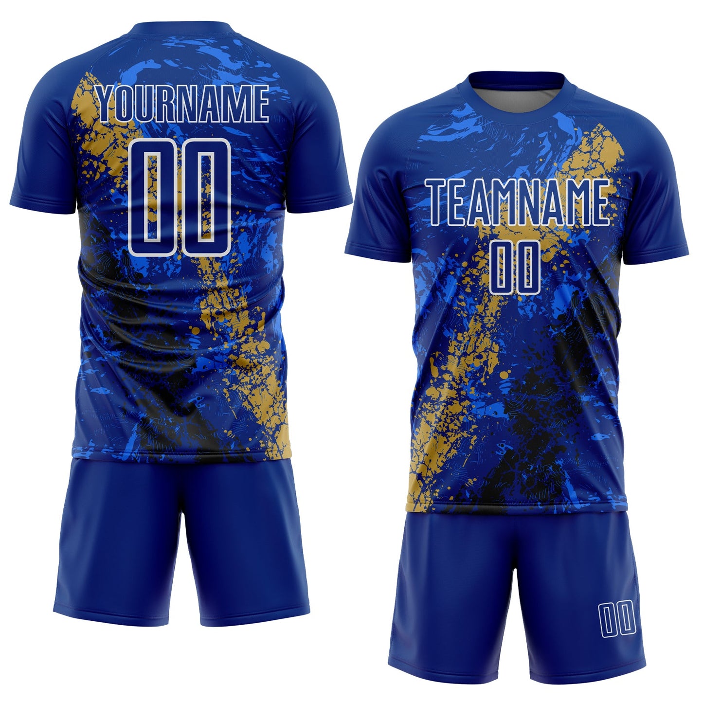 Custom Royal White Old Gold-Black Dripping Splatter Cracked Texture Sublimation Soccer Uniform Jersey view 2