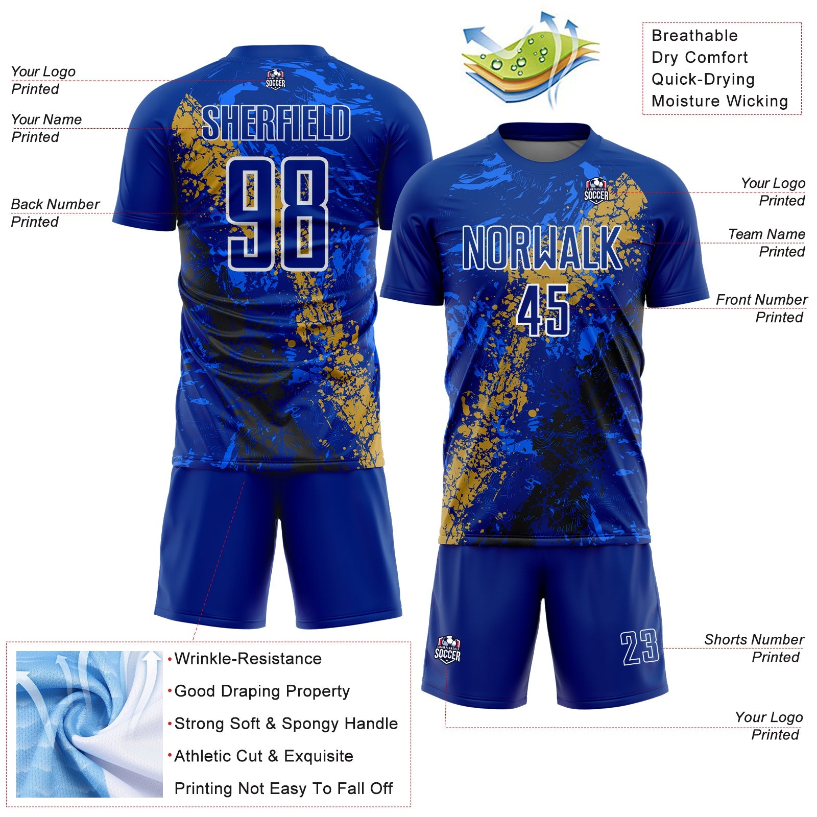 Custom Royal White Old Gold-Black Dripping Splatter Cracked Texture Sublimation Soccer Uniform Jersey view 4