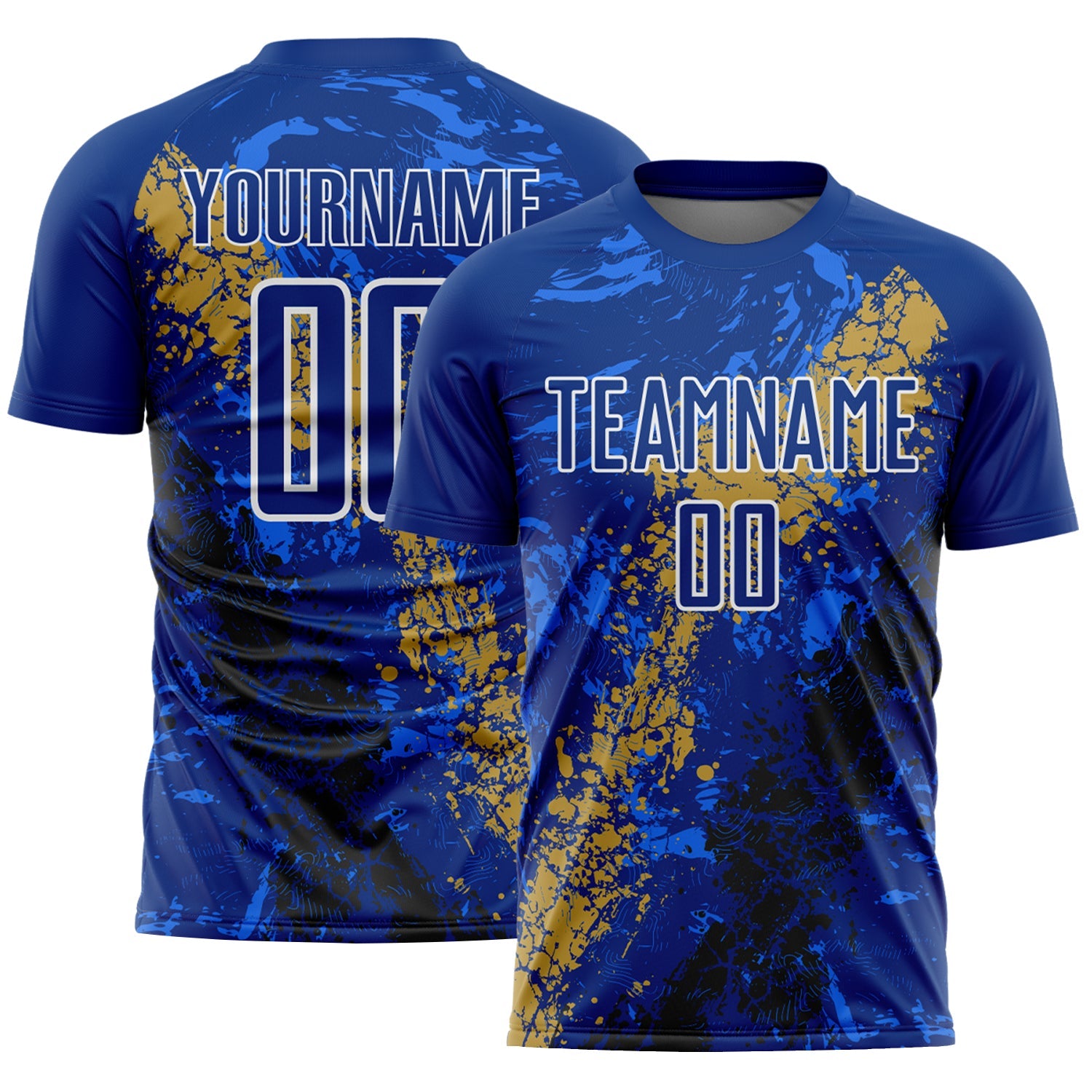 Custom Royal White Old Gold-Black Dripping Splatter Cracked Texture Sublimation Soccer Uniform Jersey - Main View
