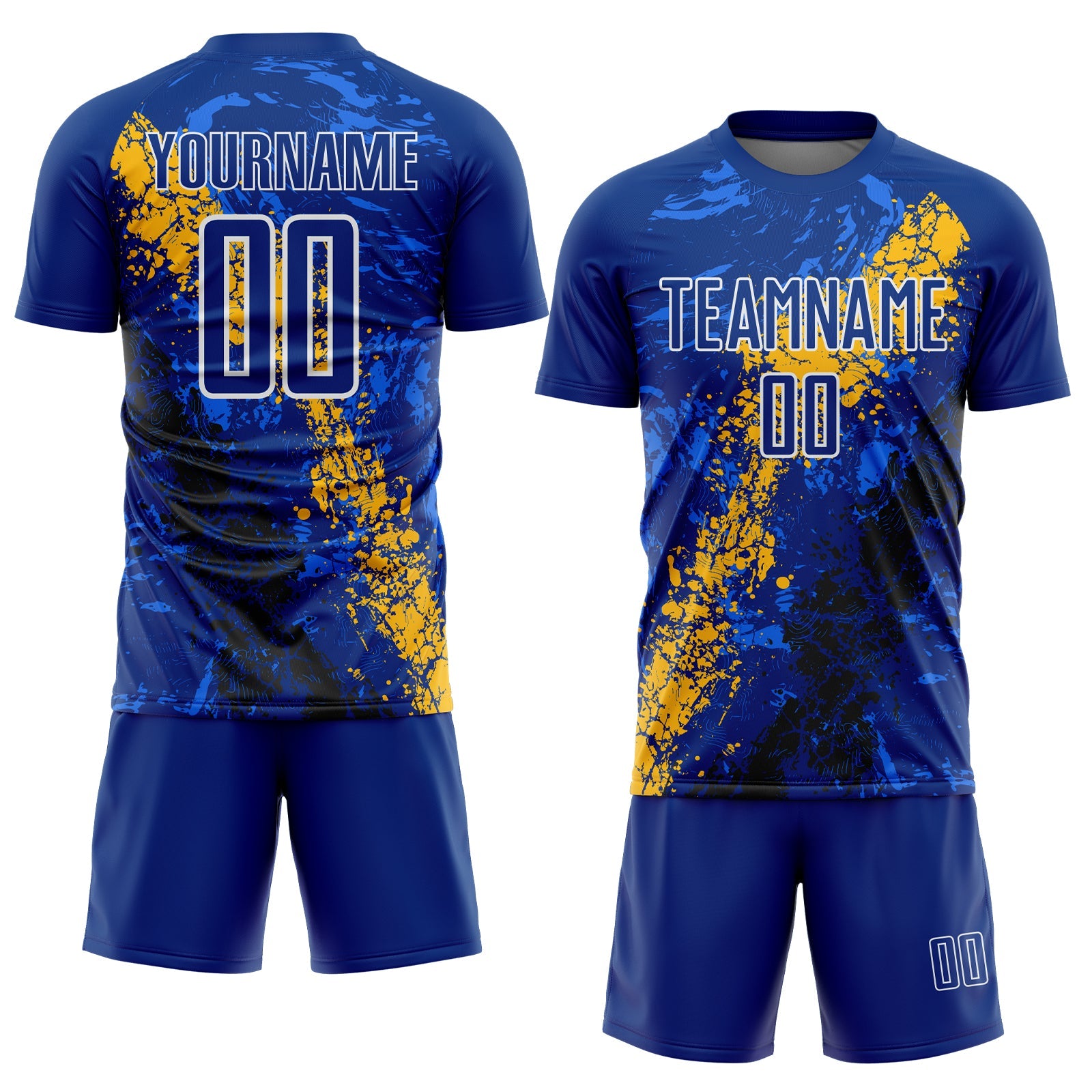 Custom Royal White Gold-Black Dripping Splatter Cracked Texture Sublimation Soccer Uniform Jersey view 2