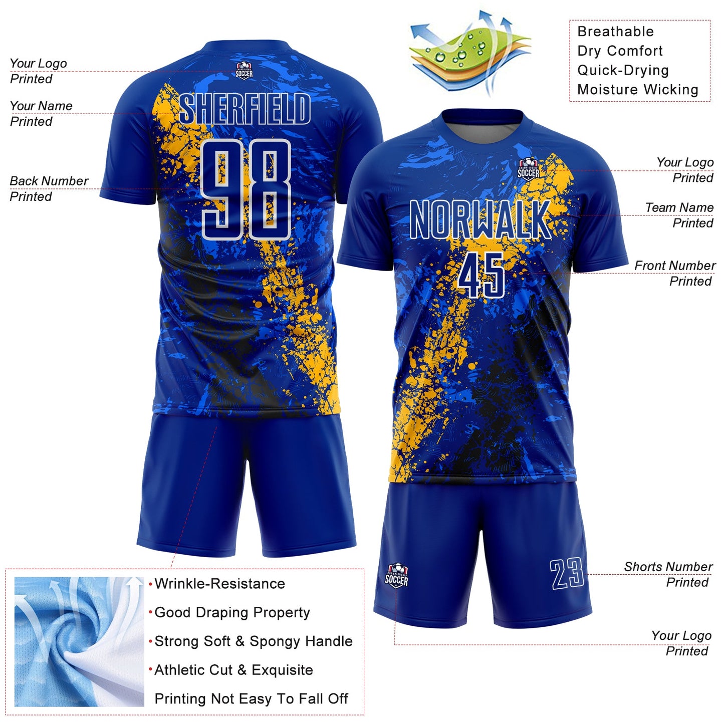 Custom Royal White Gold-Black Dripping Splatter Cracked Texture Sublimation Soccer Uniform Jersey view 4