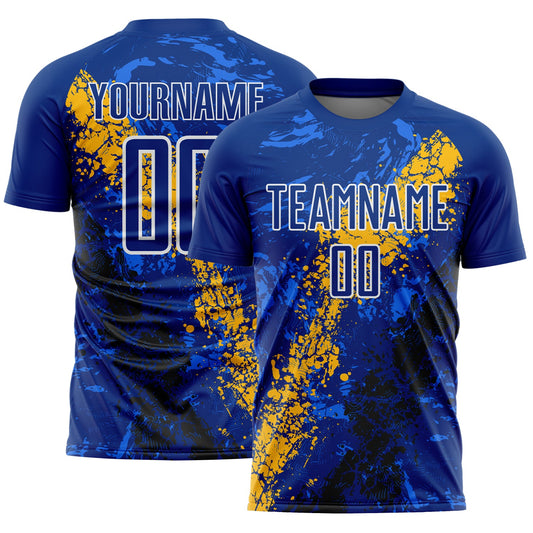 Custom Royal White Gold-Black Dripping Splatter Cracked Texture Sublimation Soccer Uniform Jersey - Main View