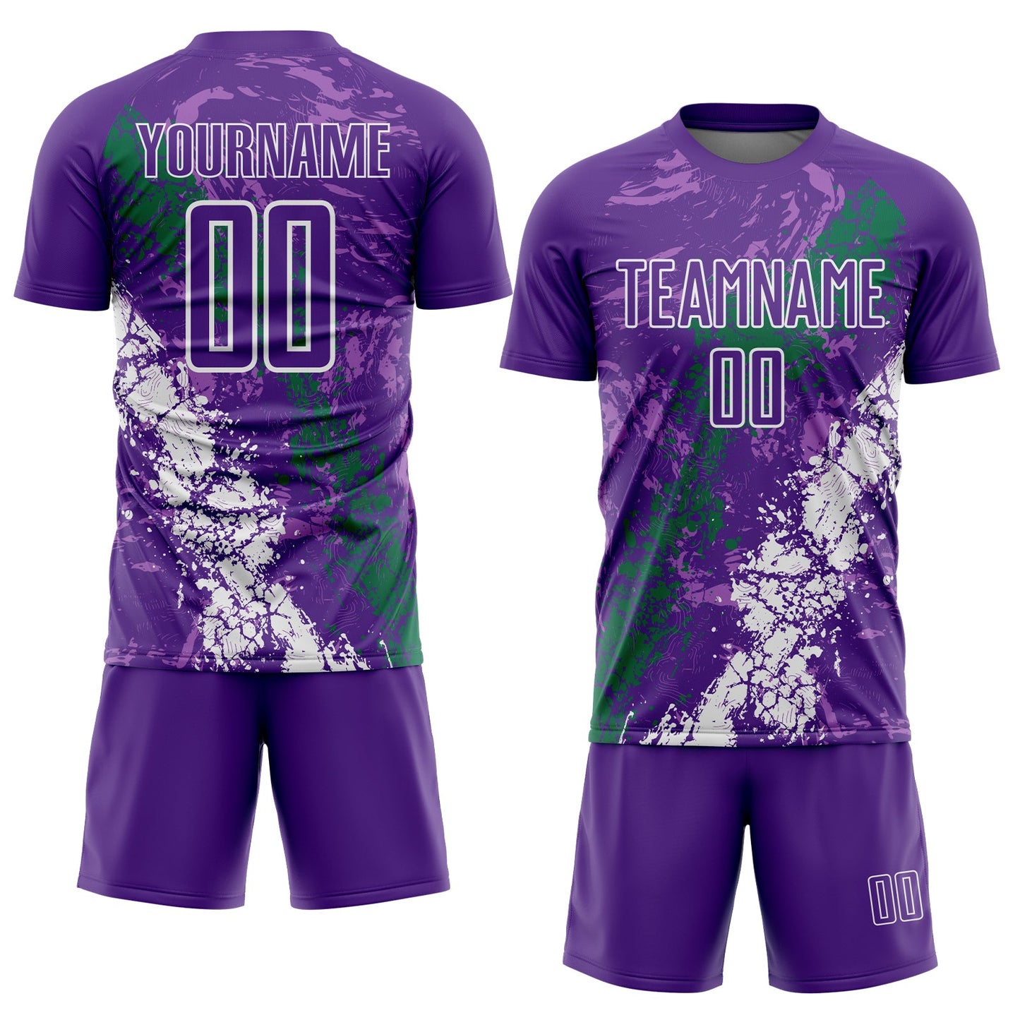 Custom Purple White-Kelly Green Dripping Splatter Cracked Texture Sublimation Soccer Uniform Jersey view 2