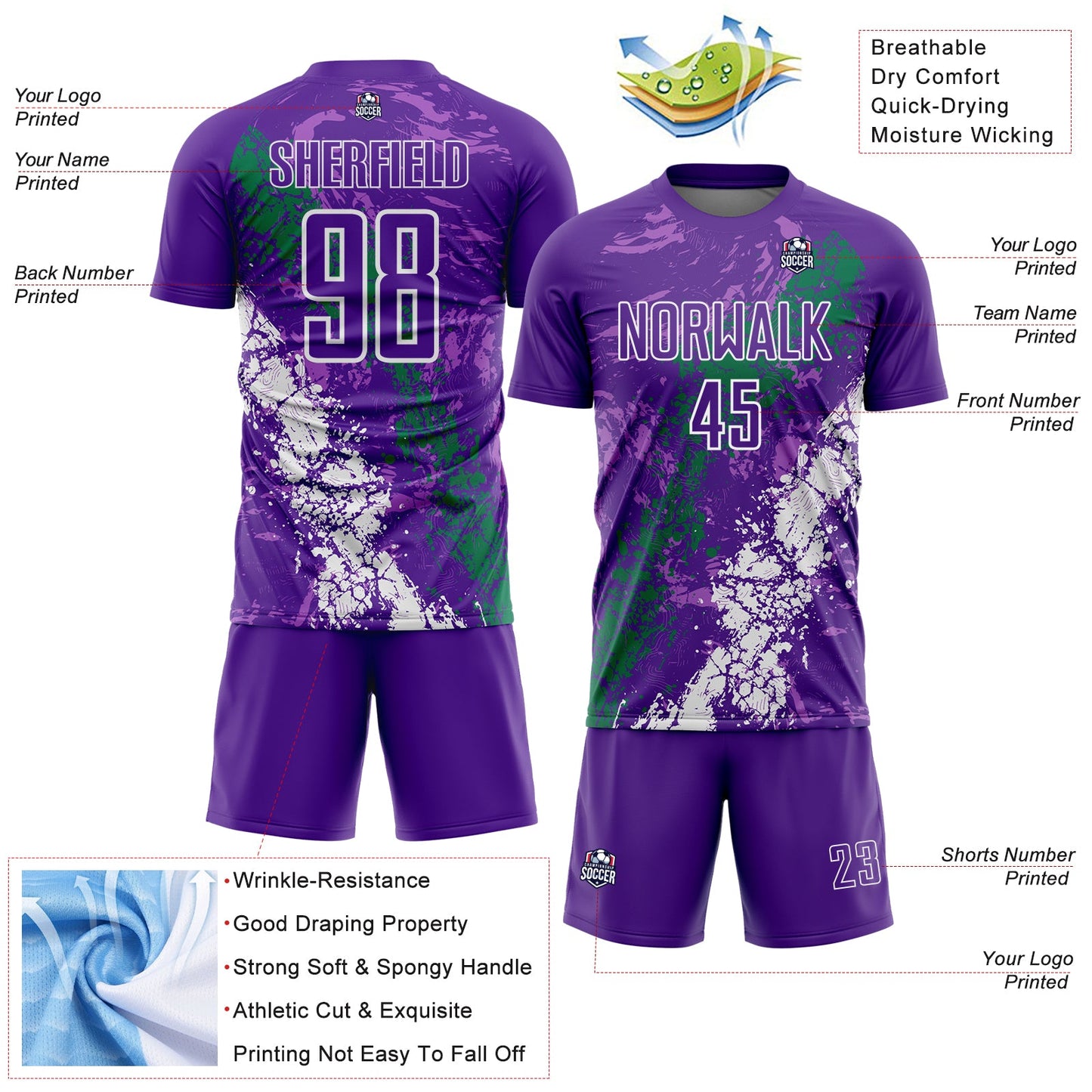 Custom Purple White-Kelly Green Dripping Splatter Cracked Texture Sublimation Soccer Uniform Jersey view 4
