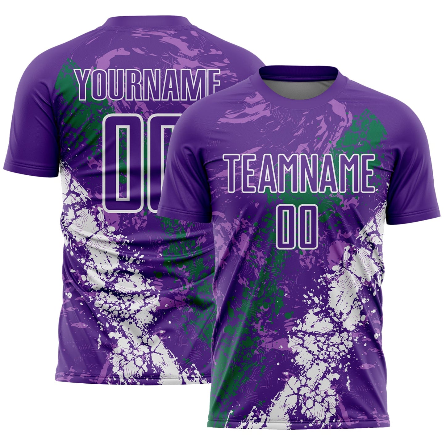 Custom Purple White-Kelly Green Dripping Splatter Cracked Texture Sublimation Soccer Uniform Jersey - Main View