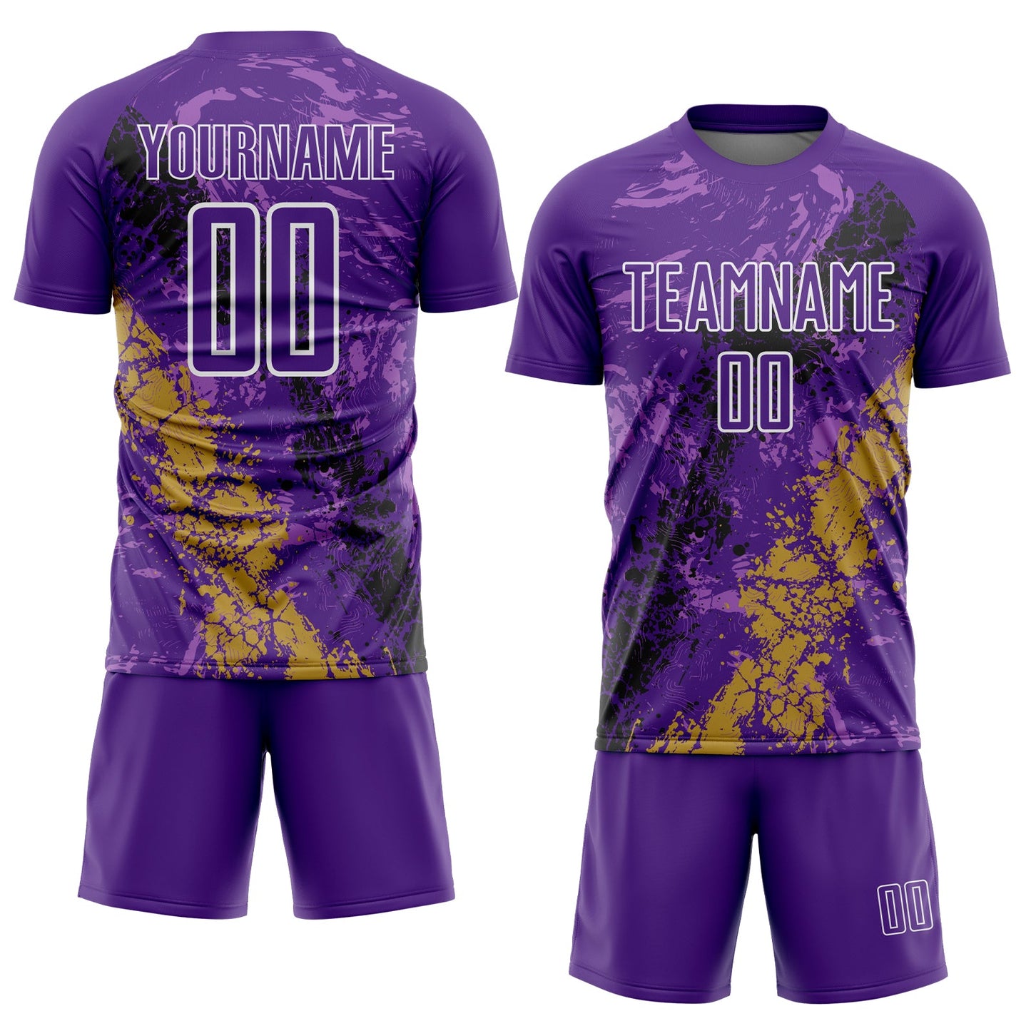Custom Purple White Old Gold-Black Dripping Splatter Cracked Texture Sublimation Soccer Uniform Jersey view 2