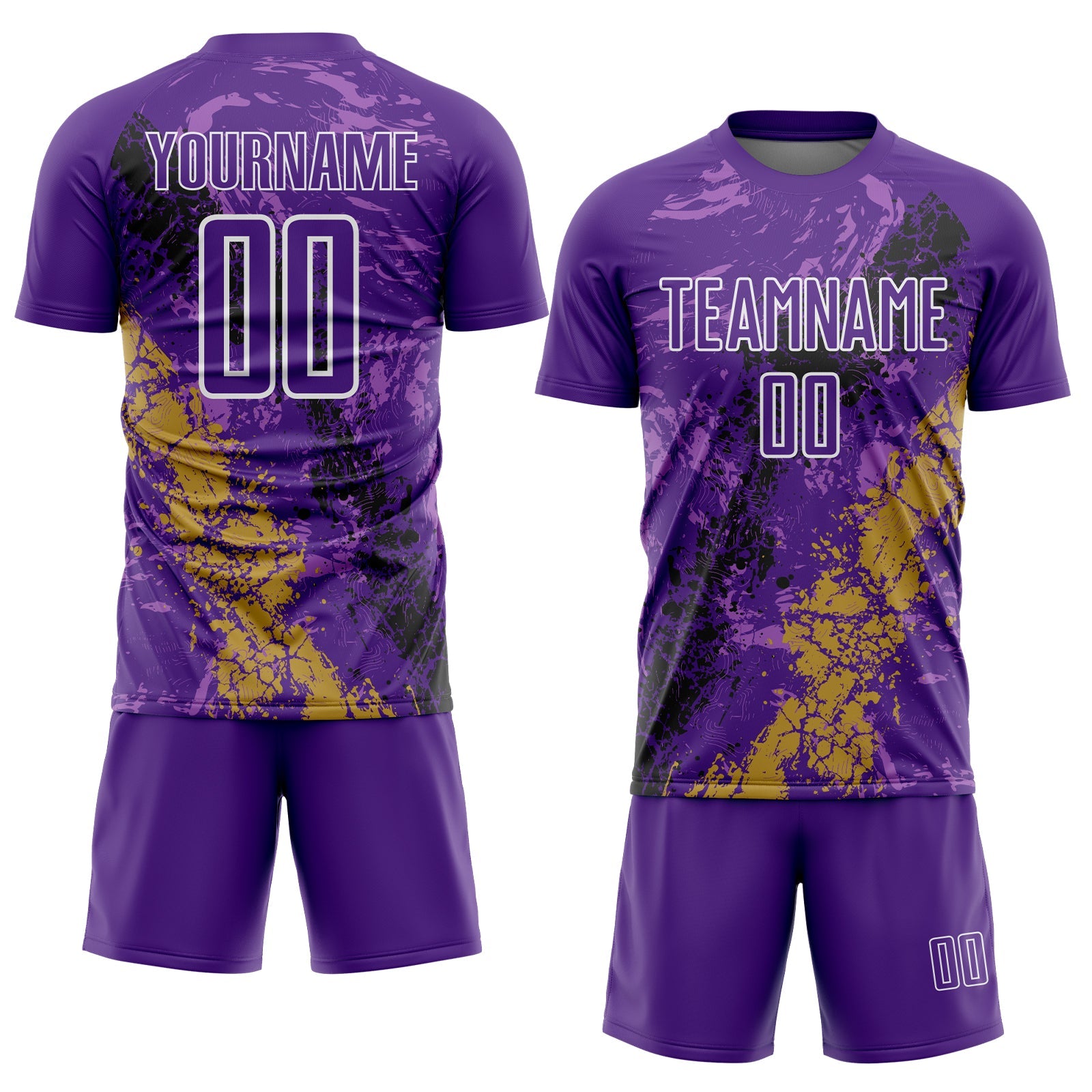 Custom Purple White Old Gold-Black Dripping Splatter Cracked Texture Sublimation Soccer Uniform Jersey view 2