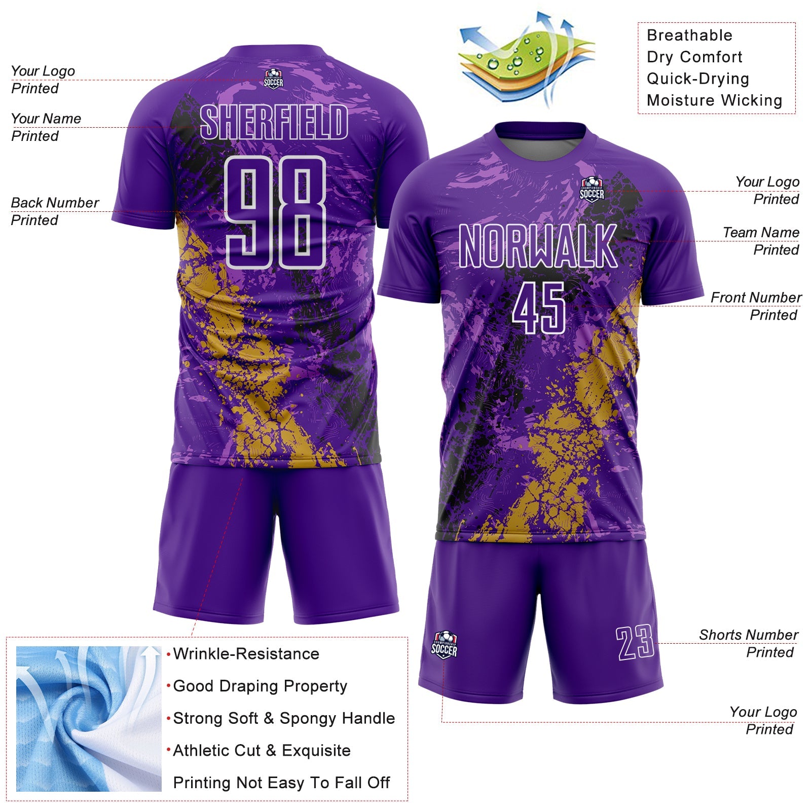 Custom Purple White Old Gold-Black Dripping Splatter Cracked Texture Sublimation Soccer Uniform Jersey view 4