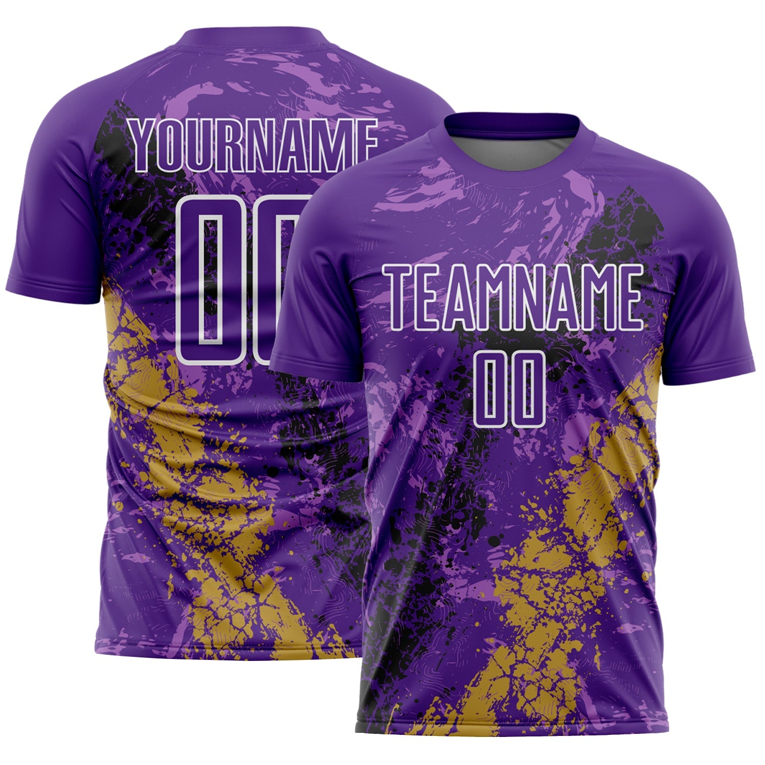 Custom Purple White Old Gold-Black Dripping Splatter Cracked Texture Sublimation Soccer Uniform Jersey - Main View