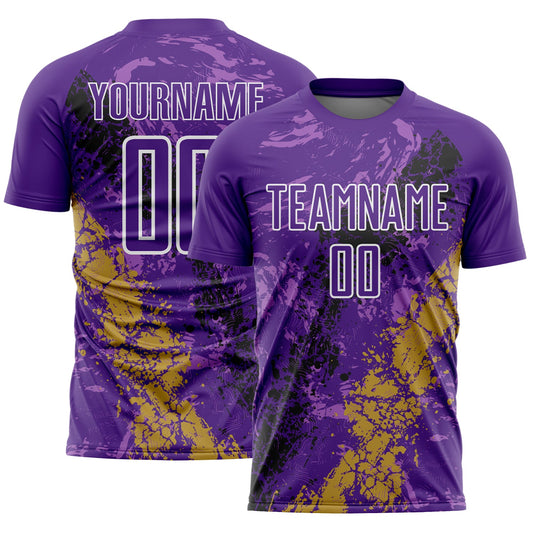 Custom Purple White Old Gold-Black Dripping Splatter Cracked Texture Sublimation Soccer Uniform Jersey - Main View