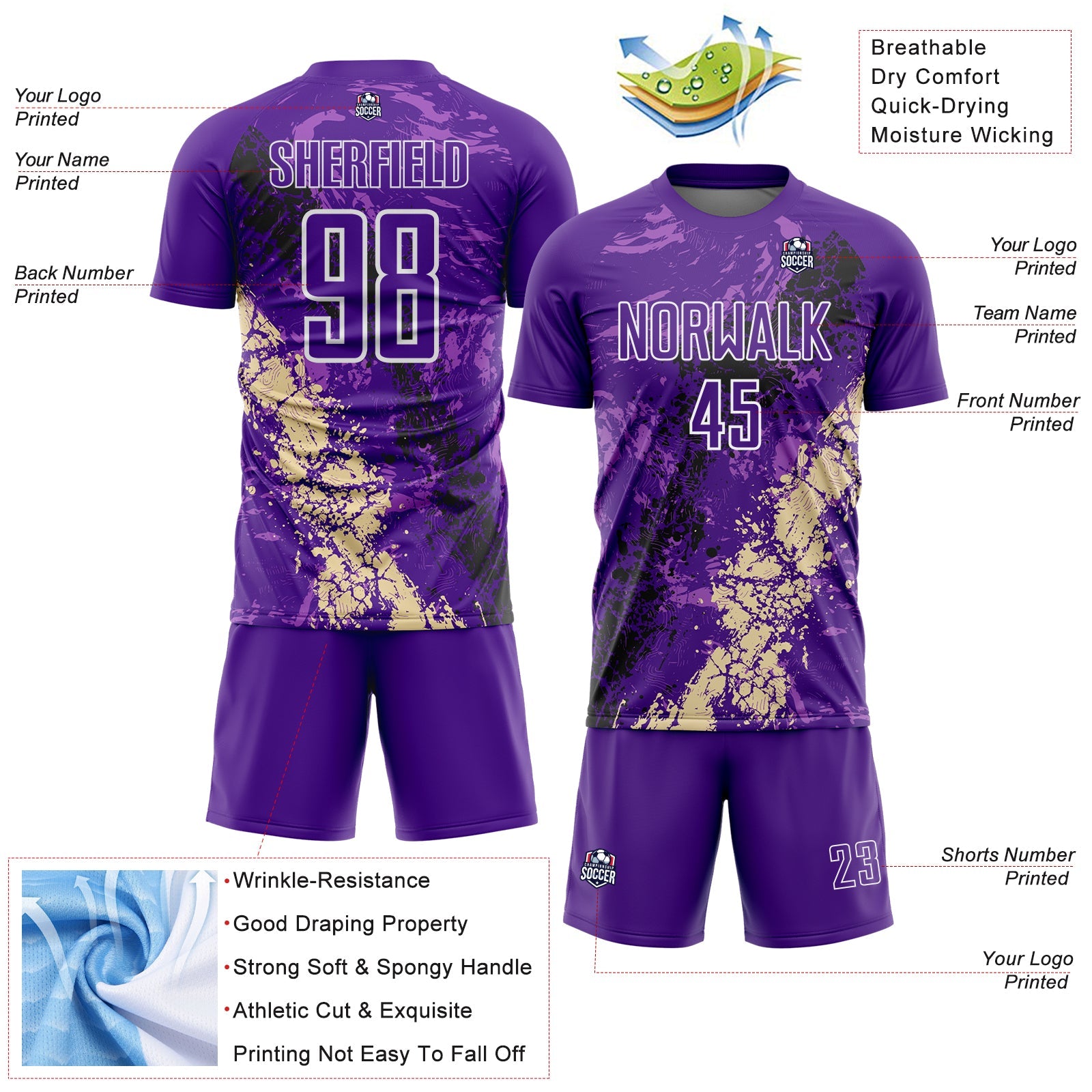 Custom Purple White Black-Cream Dripping Splatter Cracked Texture Sublimation Soccer Uniform Jersey view 4