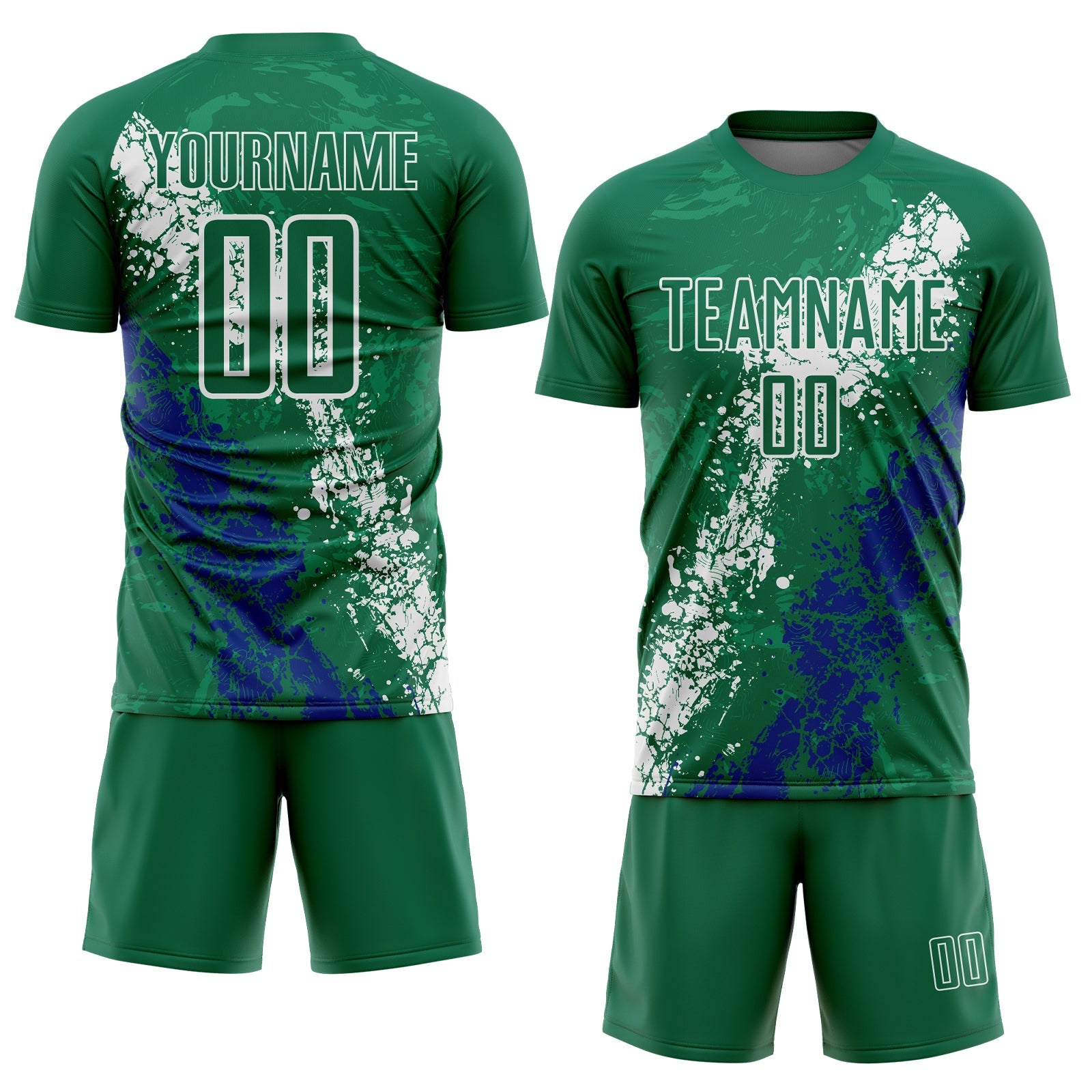 Custom Kelly Green White-Royal Dripping Splatter Cracked Texture Sublimation Soccer Uniform Jersey view 2