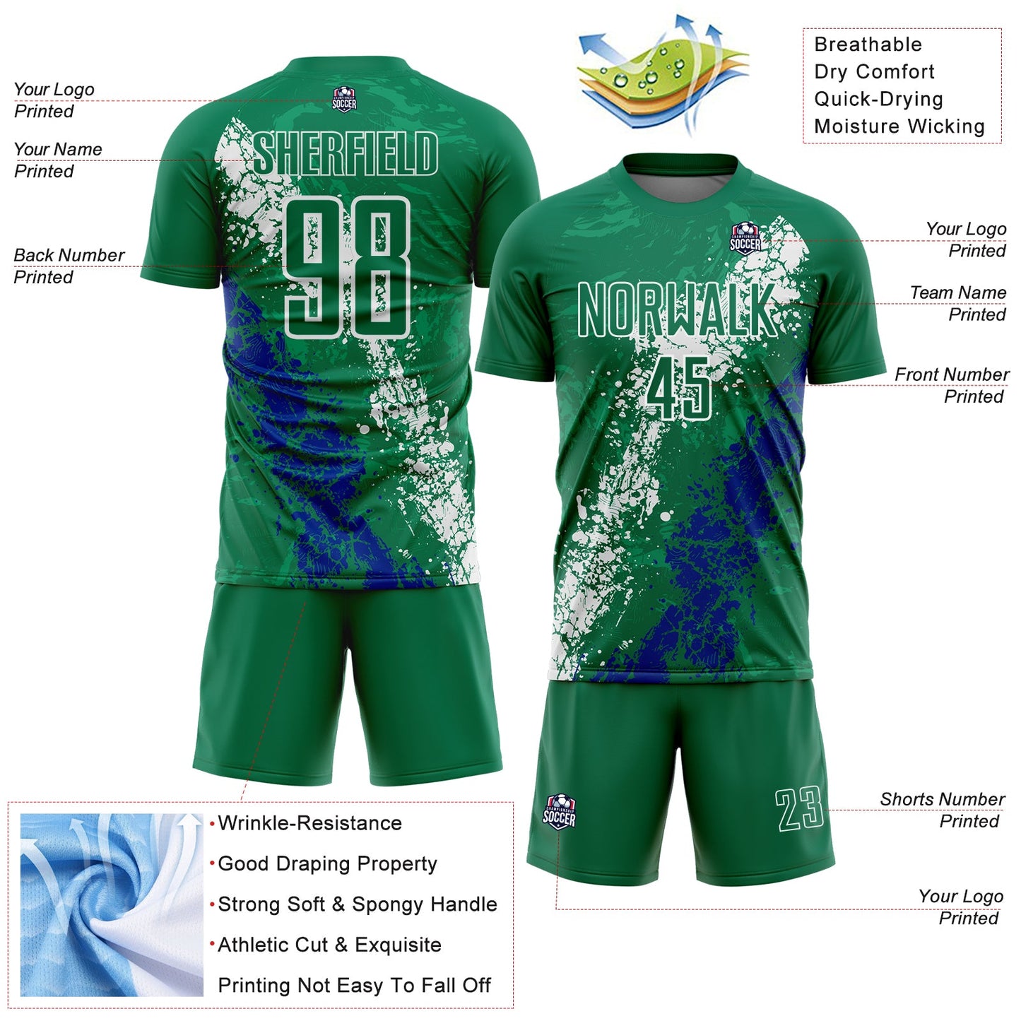 Custom Kelly Green White-Royal Dripping Splatter Cracked Texture Sublimation Soccer Uniform Jersey view 4