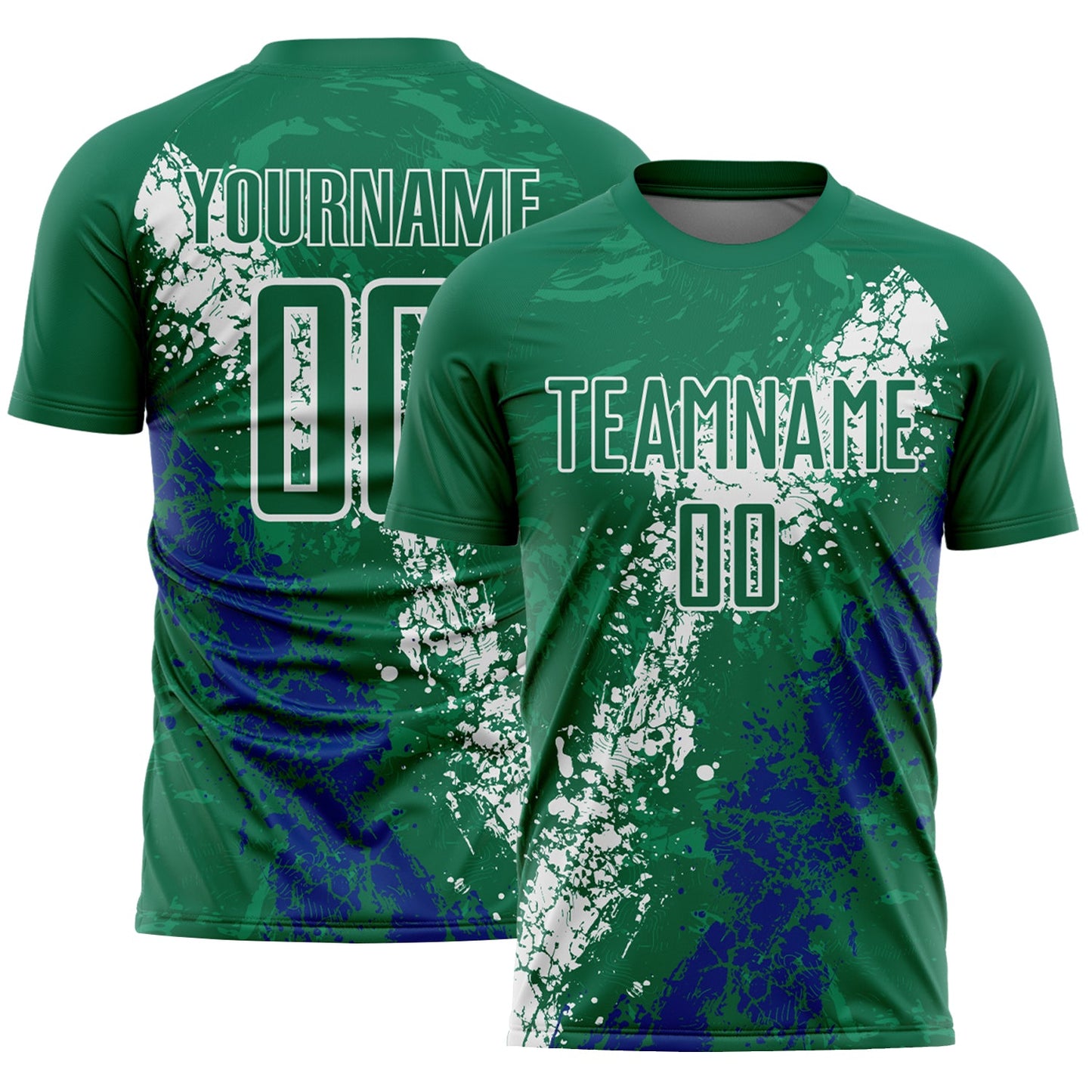 Custom Kelly Green White-Royal Dripping Splatter Cracked Texture Sublimation Soccer Uniform Jersey - Main View