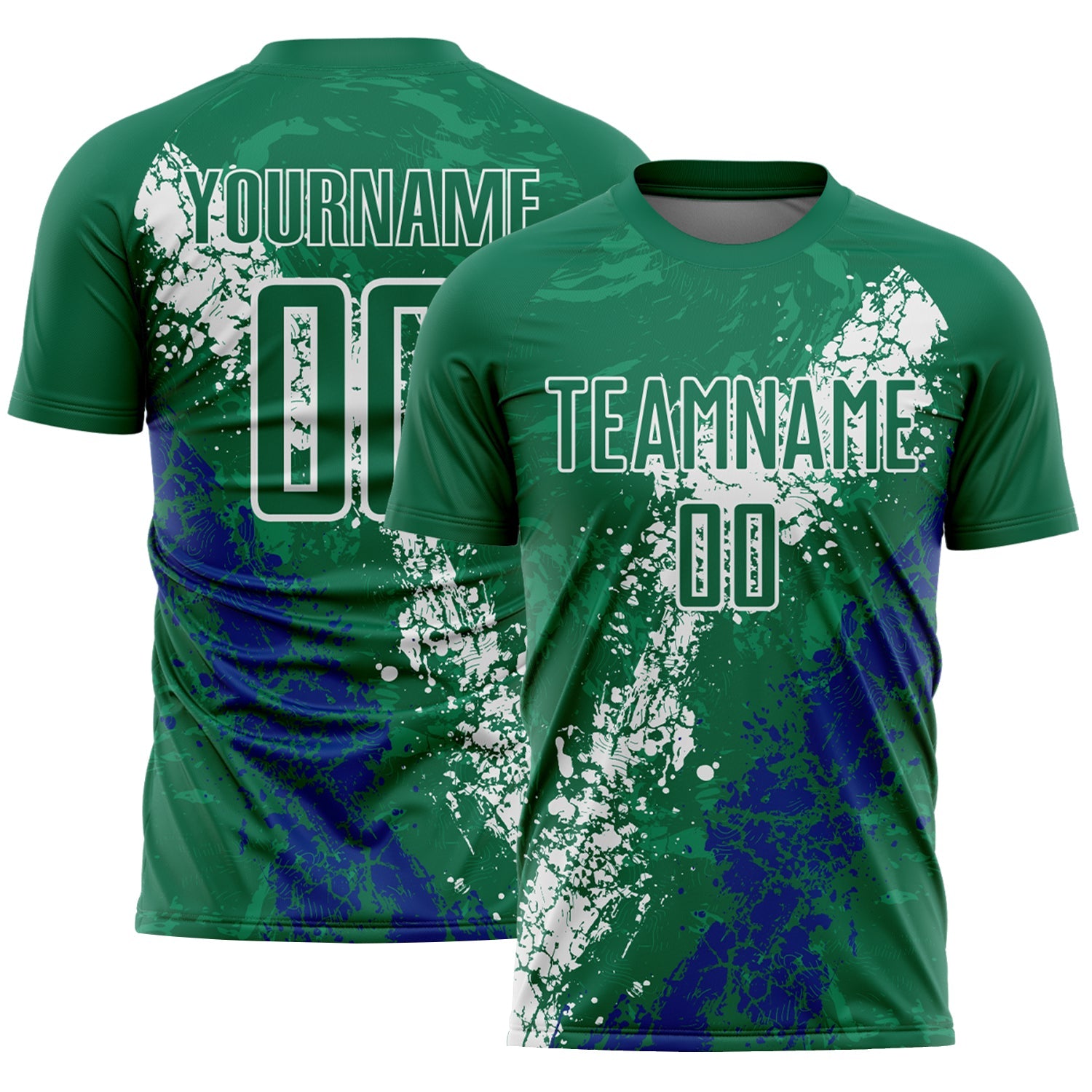 Custom Kelly Green White-Royal Dripping Splatter Cracked Texture Sublimation Soccer Uniform Jersey - Main View