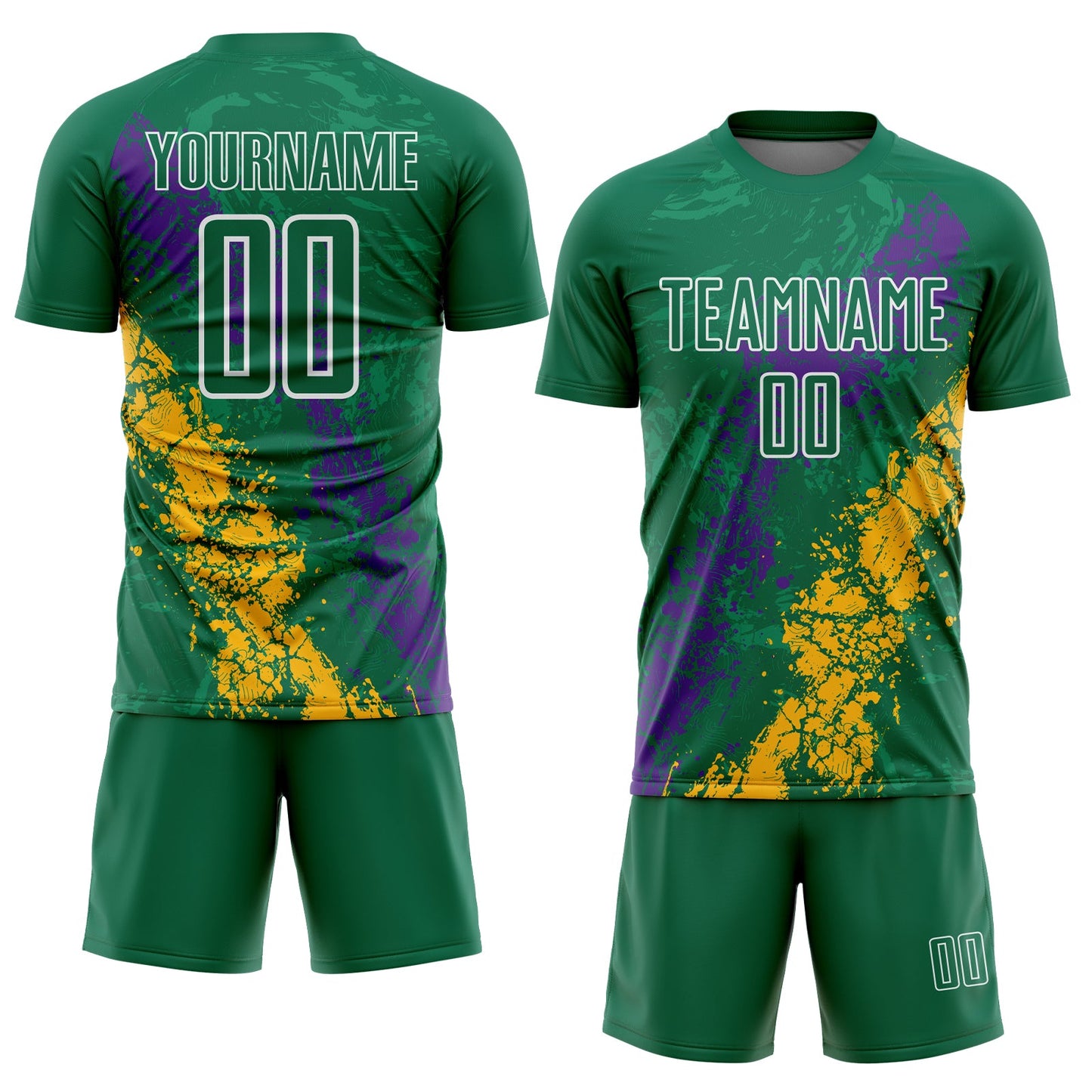 Custom Kelly Green White Purple-Gold Dripping Splatter Cracked Texture Sublimation Soccer Uniform Jersey view 2
