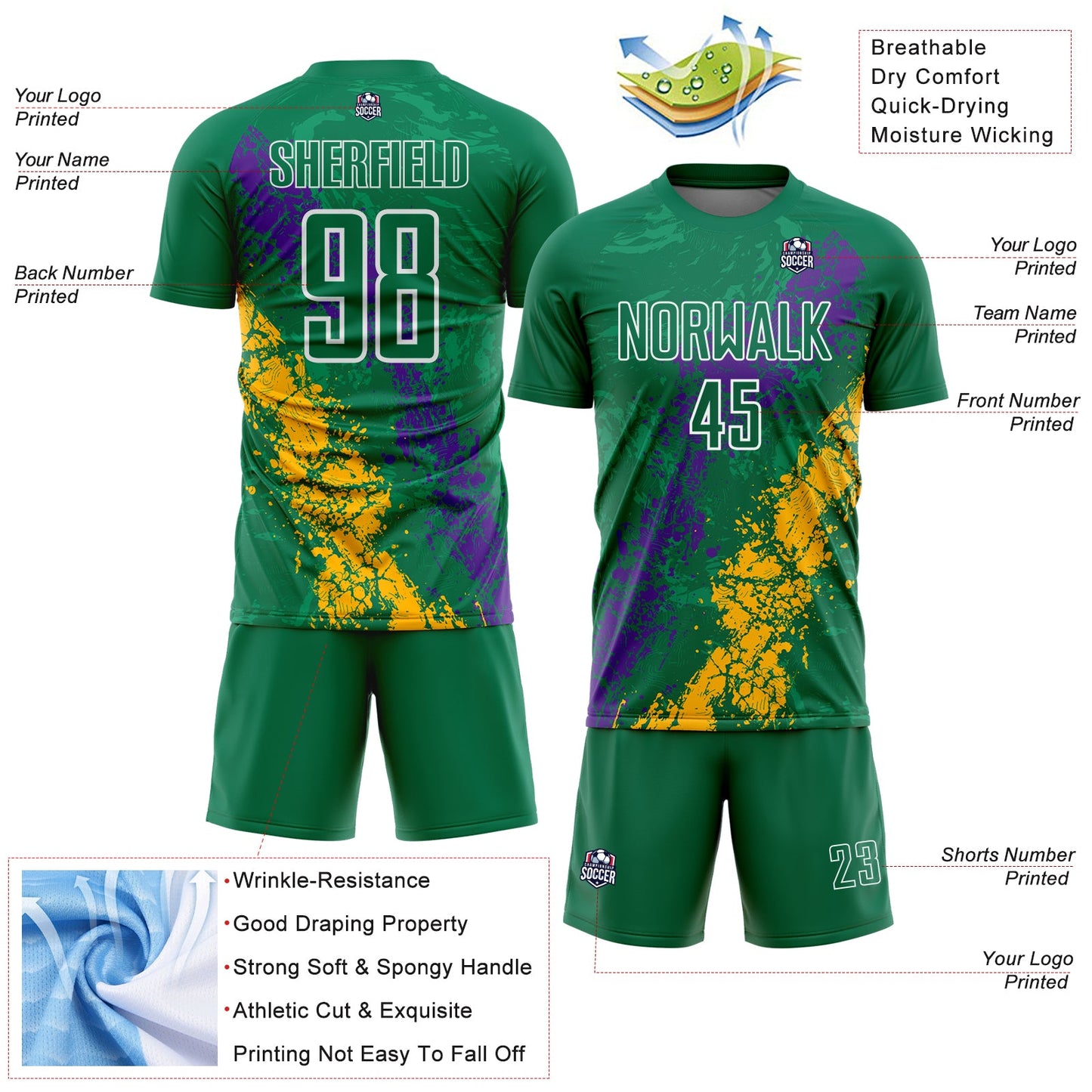 Custom Kelly Green White Purple-Gold Dripping Splatter Cracked Texture Sublimation Soccer Uniform Jersey view 4